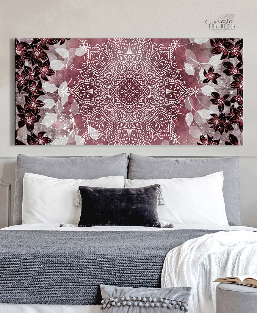 Ready-to-Hang Boho Floral Mandala Flower Wall Art with Wood Frame