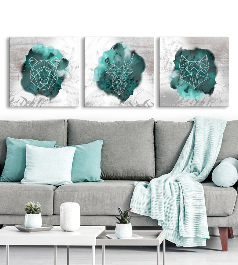 Hot Deal! Set of 3 Geometric Wall Art with Wood Frame (Deer, Bear, Fox, Ready To Hang)
