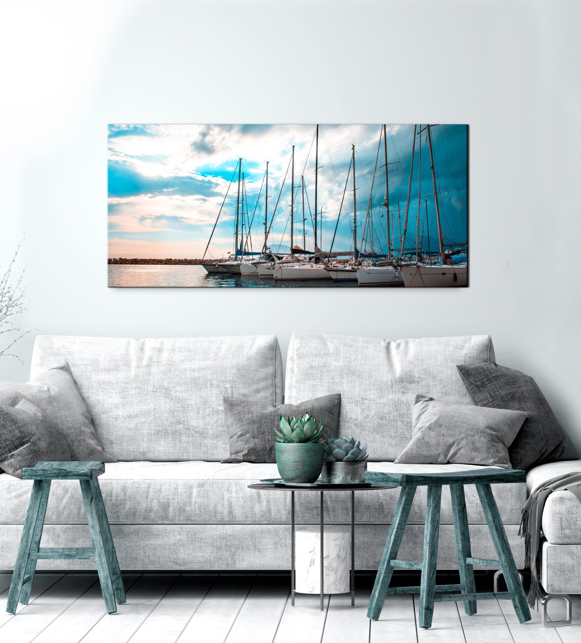 Ready-to-Hang Nautical Wall Art with Multiple Sailboats in Wood Frame
