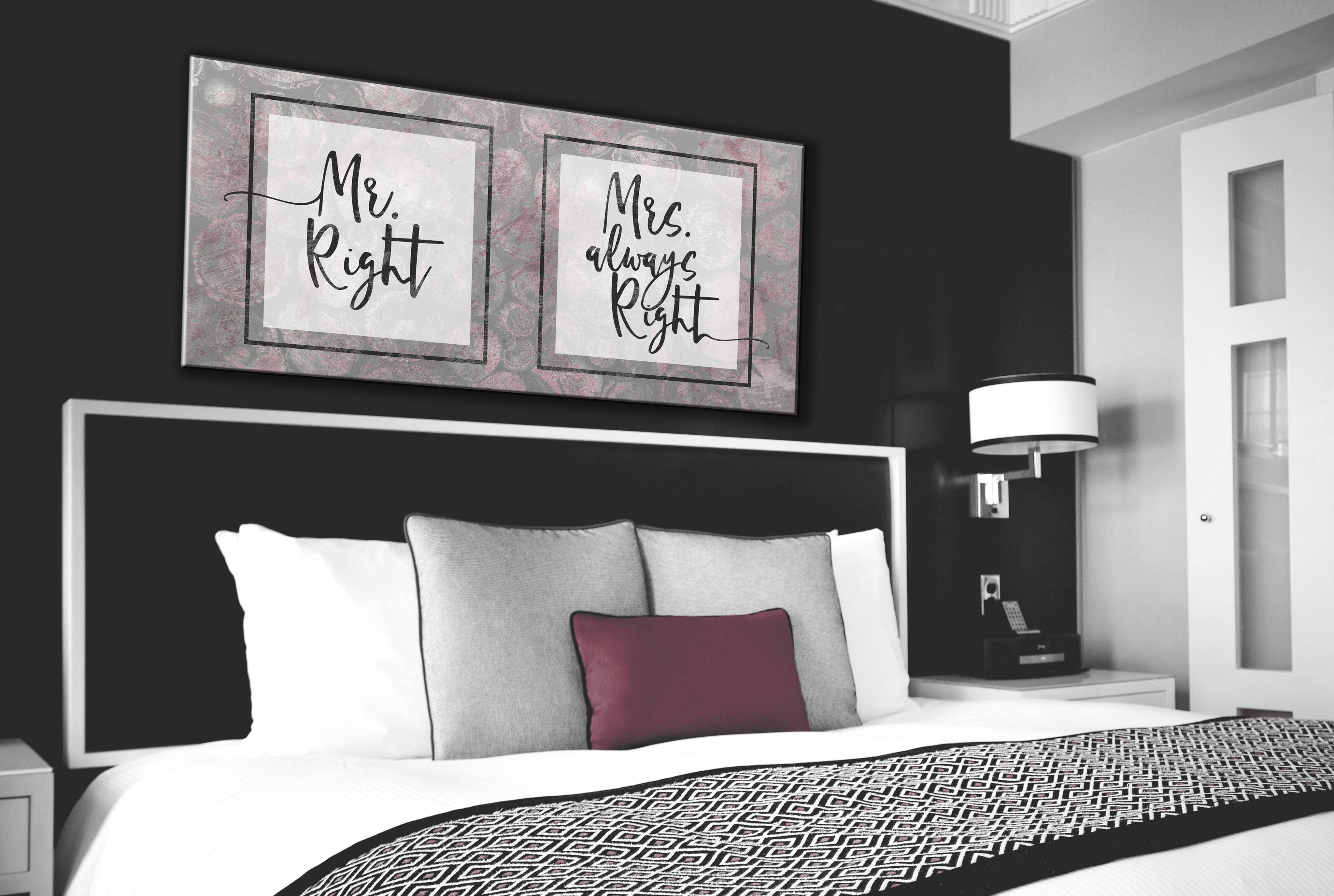 Bedroom Wall Decor: 'Mrs Right & Mrs Always Right' Wall Art in 2 Sizes, Wood Frame for Easy Hanging