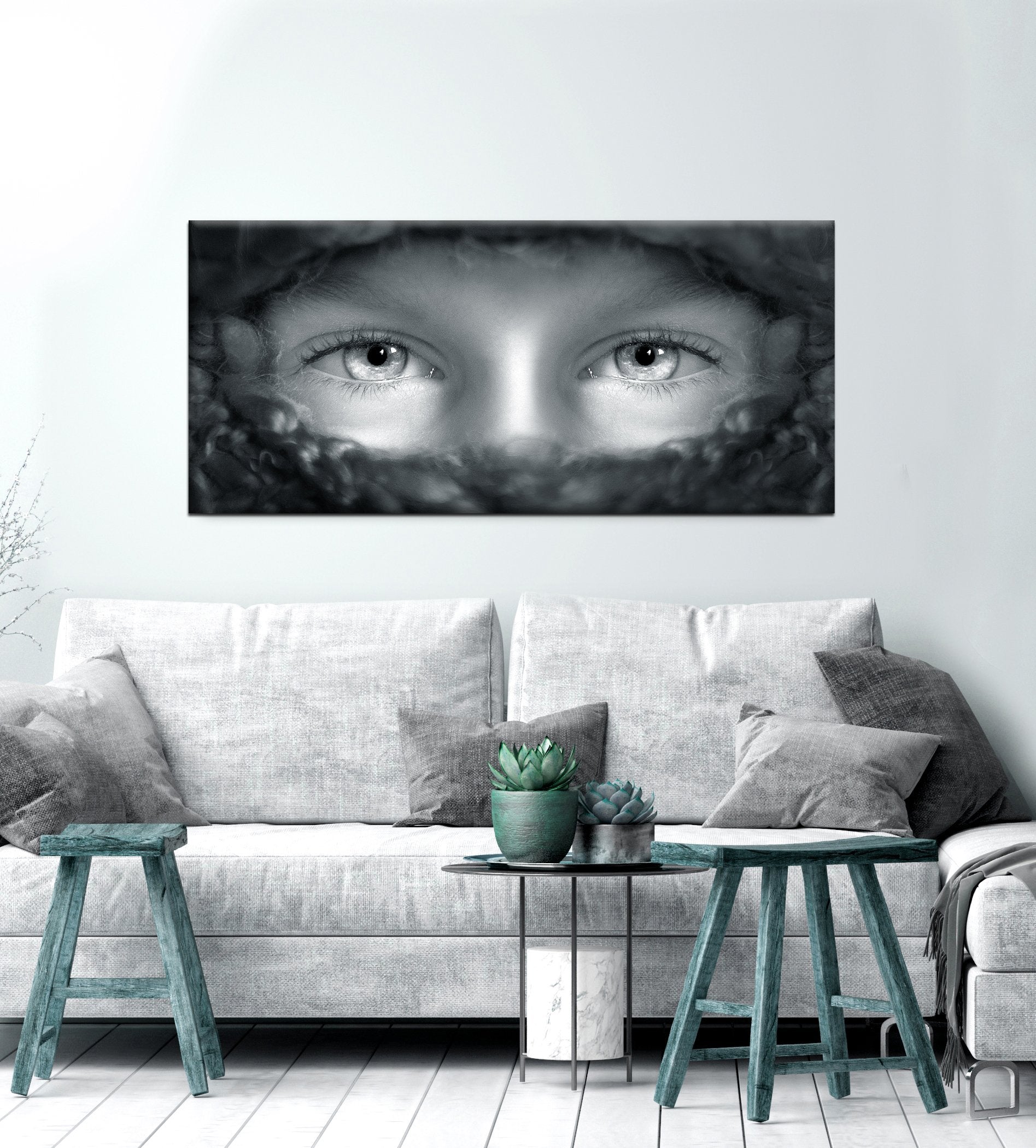 High - Quality Black & White Wall Art with Wood Frame, Ready to Hang: Black/White Eyes Design