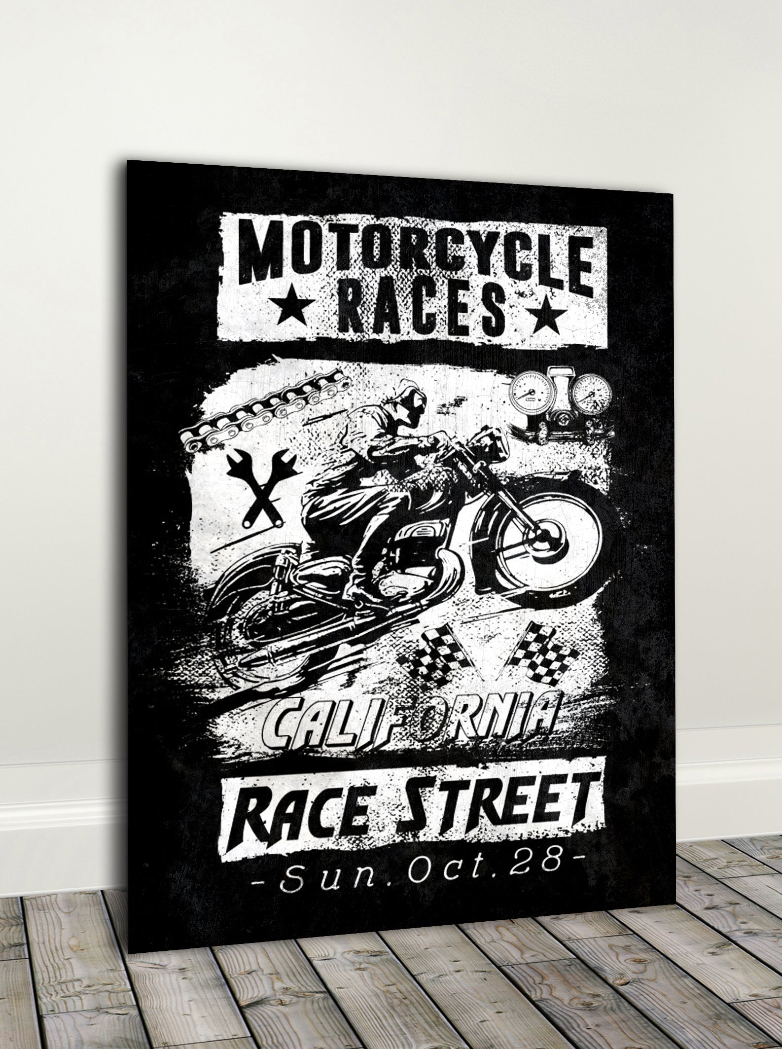 High - Quality Moto Races Cali Biker Wall Art with Wood Frame, Ready to Hang