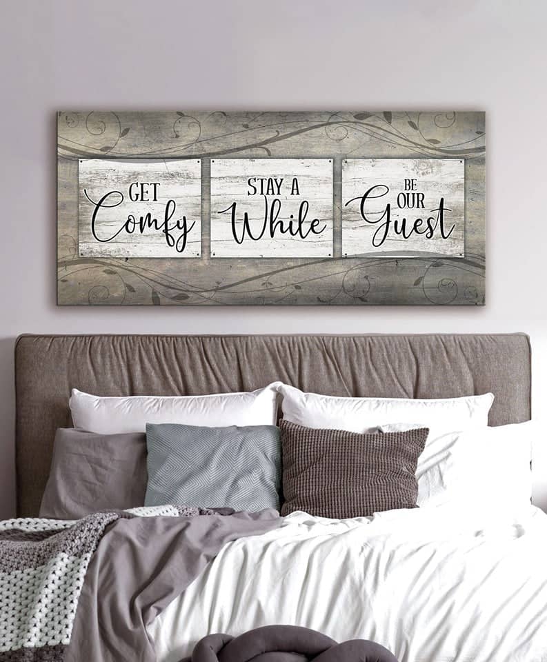 Cozy Bedroom Wall Art: 'Get Comfy Stay A While' with Wood Frame, Ready to Hang