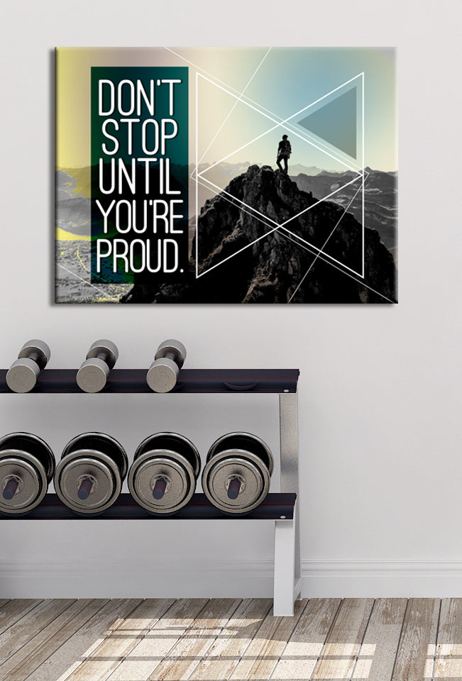 Limited-Time Offer! High-Quality Fitness Wall Art 'Don't Stop Until You're Proud' with Wood Frame, Ready to Hang