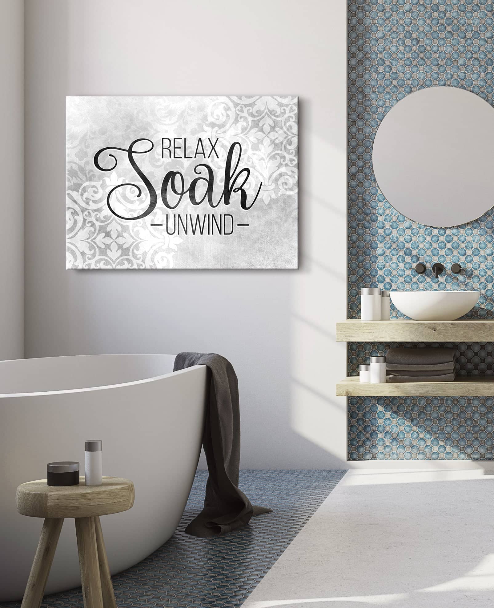High - Quality Wood - Framed Bathroom Wall Art: Relax, Soak, Unwind V2 (Ready To Hang)