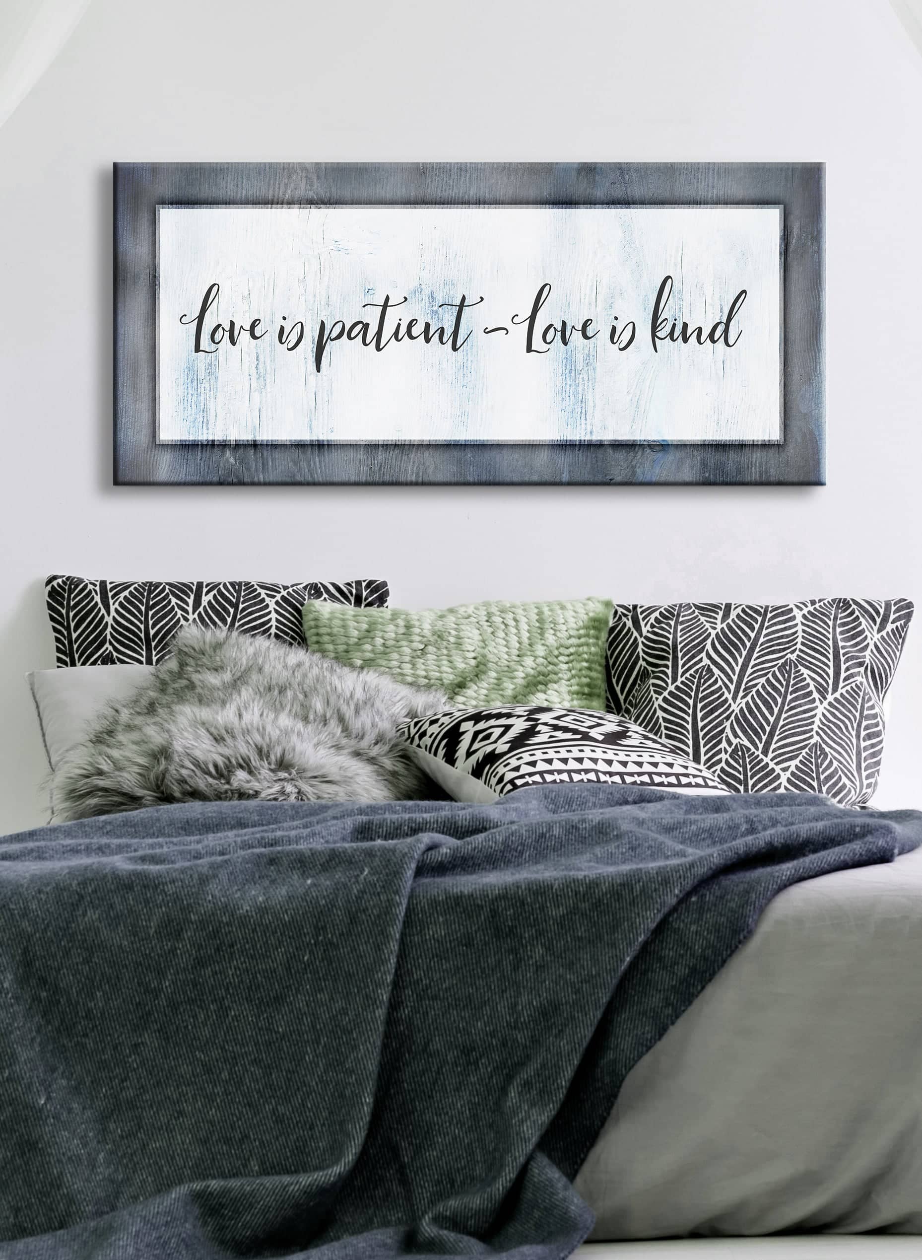 Bedroom Wall Art: Love Is Patient Love Is Kind V2 (Wood Frame Ready To Hang)