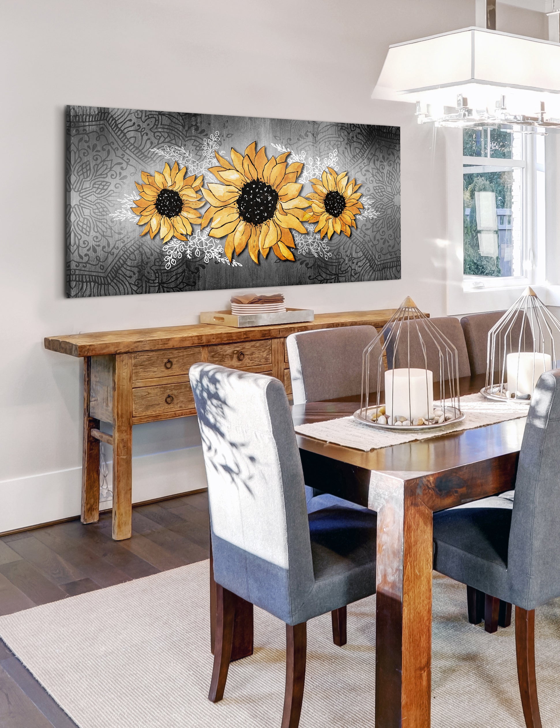 High - quality Boho Sunflower Trio Wall Art with Wood Frame, Ready to Hang