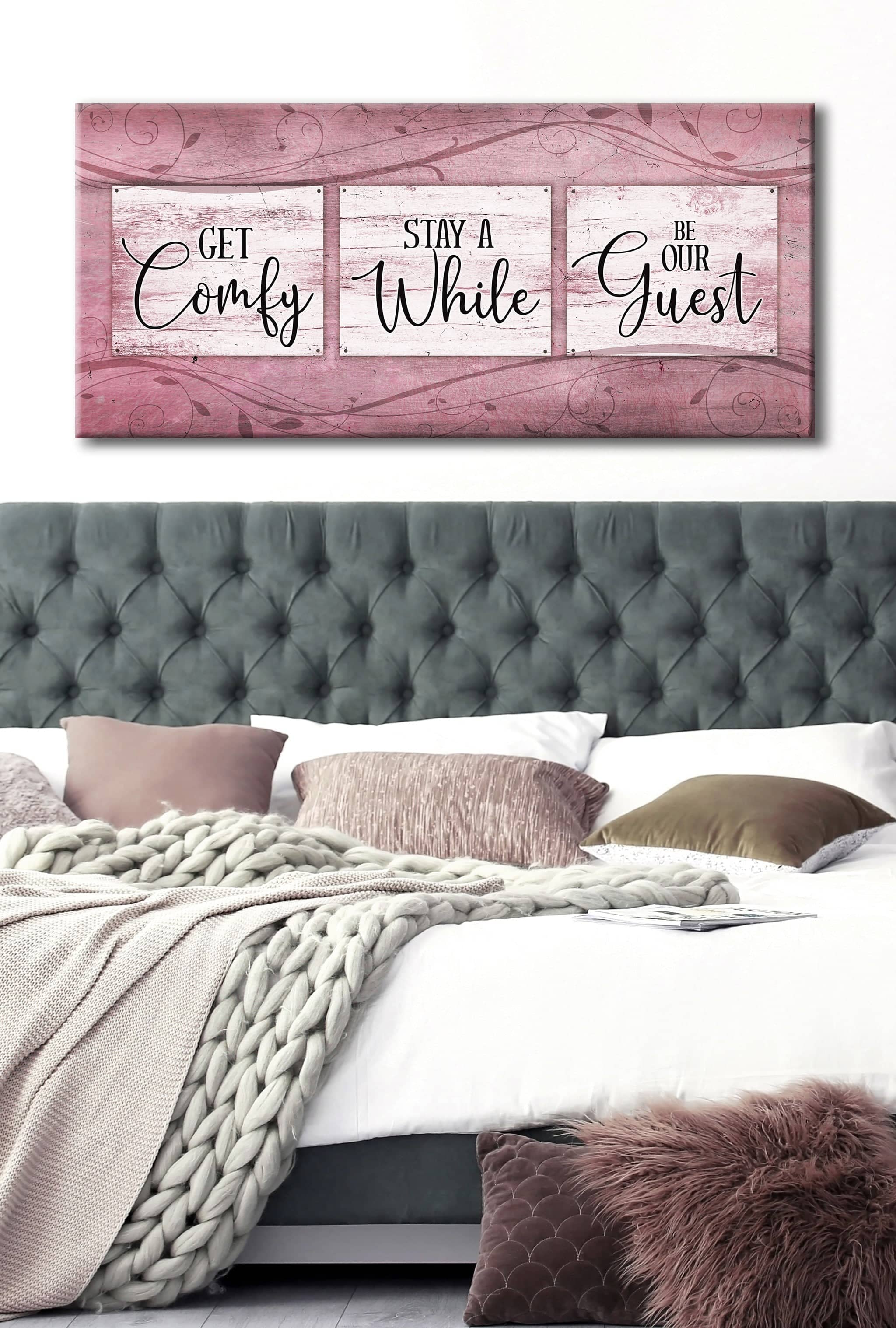 Cozy Bedroom Wall Art: 'Get Comfy Stay A While' with Wood Frame, Ready to Hang