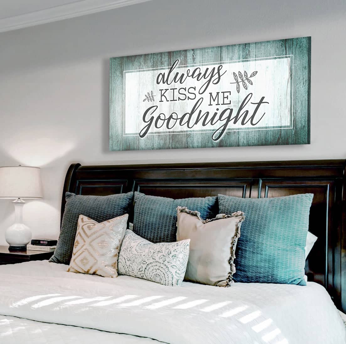 Ready-to-Hang Wood Frame Bedroom Wall Art: Always Kiss Me Goodnight V5