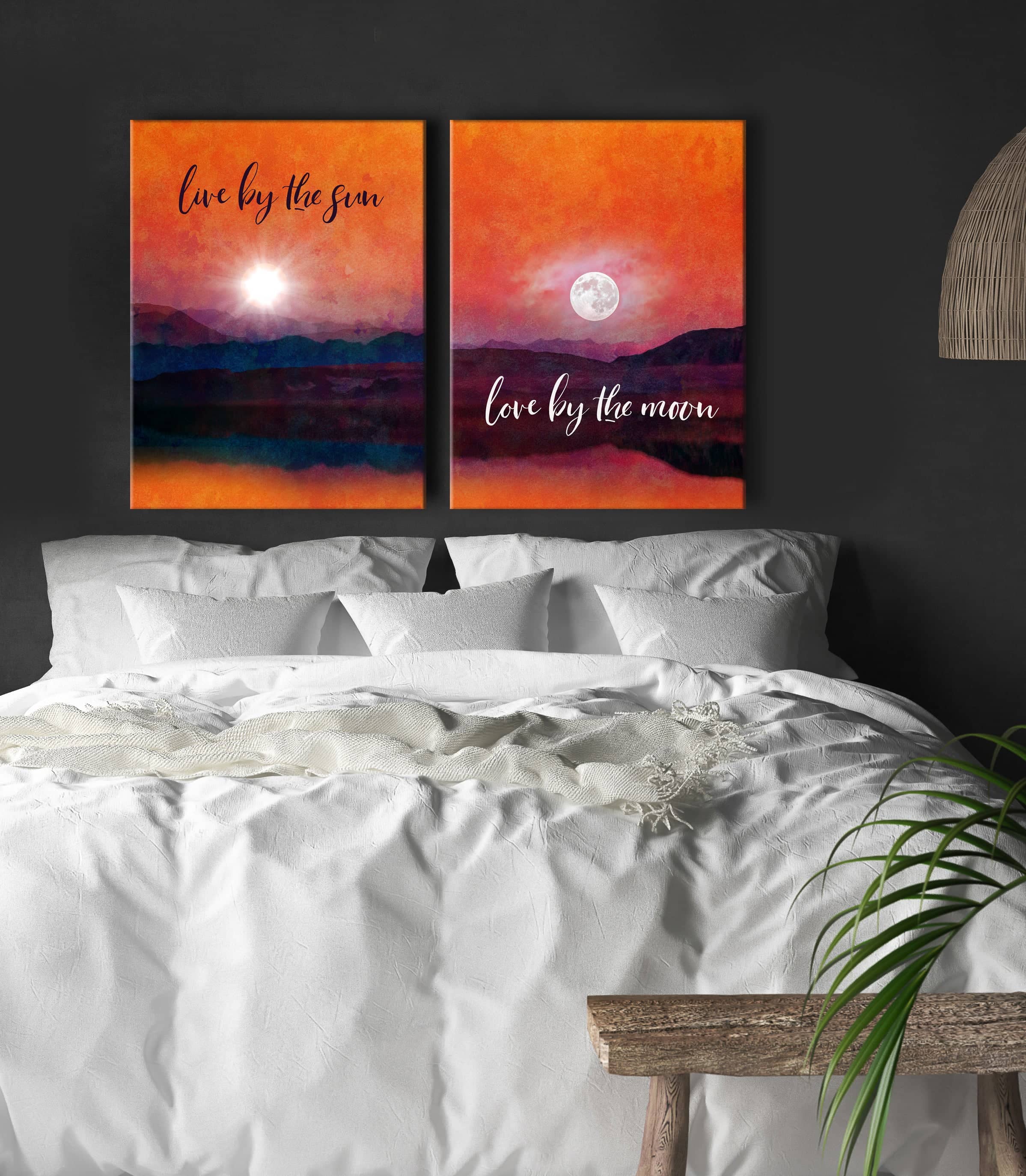 Set of 2 High - Quality Wood - Framed Bedroom Wall Art: Live By The Sun Love By The Moon (Ready To Hang)