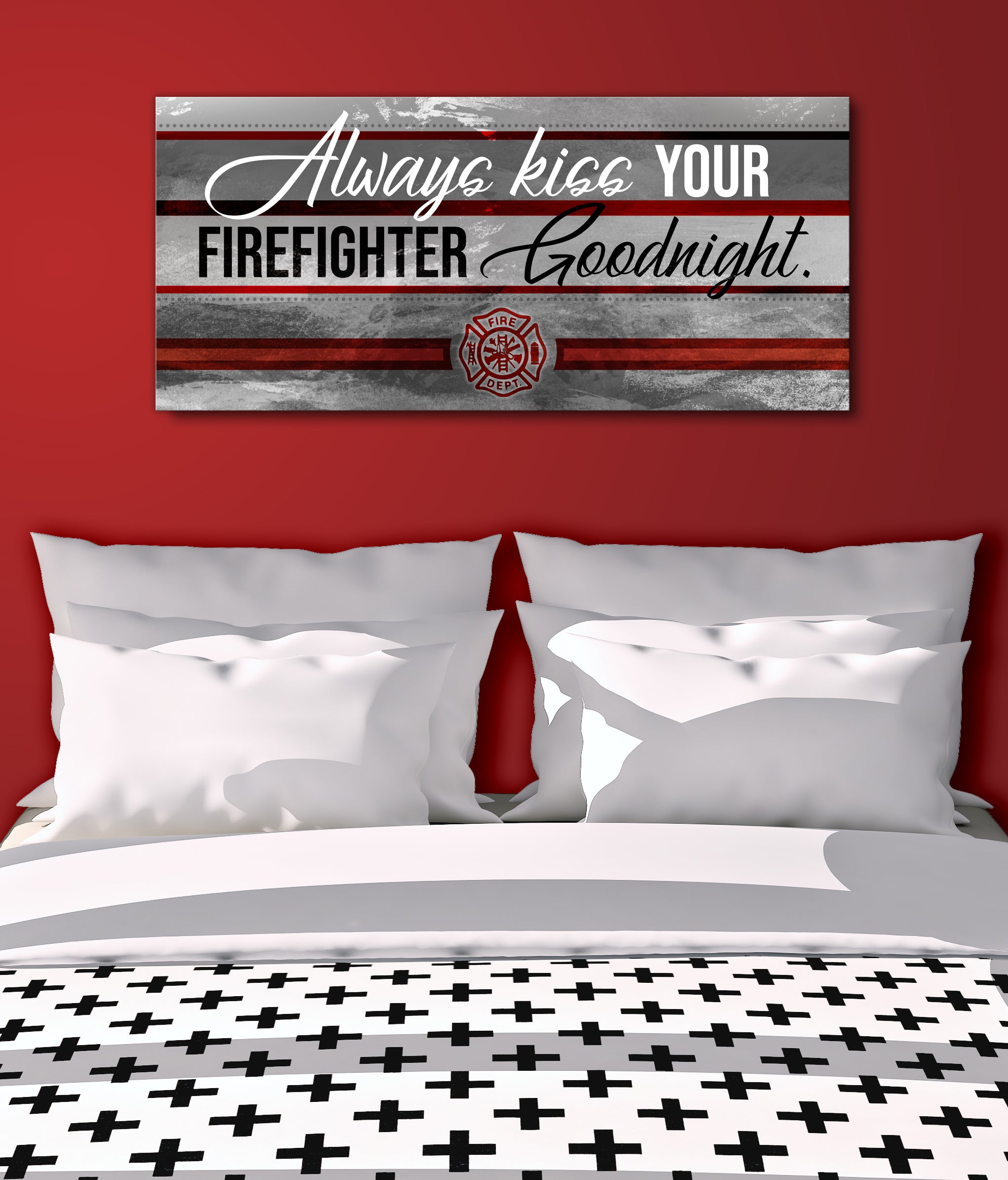 Ready-to-Hang Firefighter Wall Art: Always Kiss Your Firefighter Goodnight (Wood Frame)