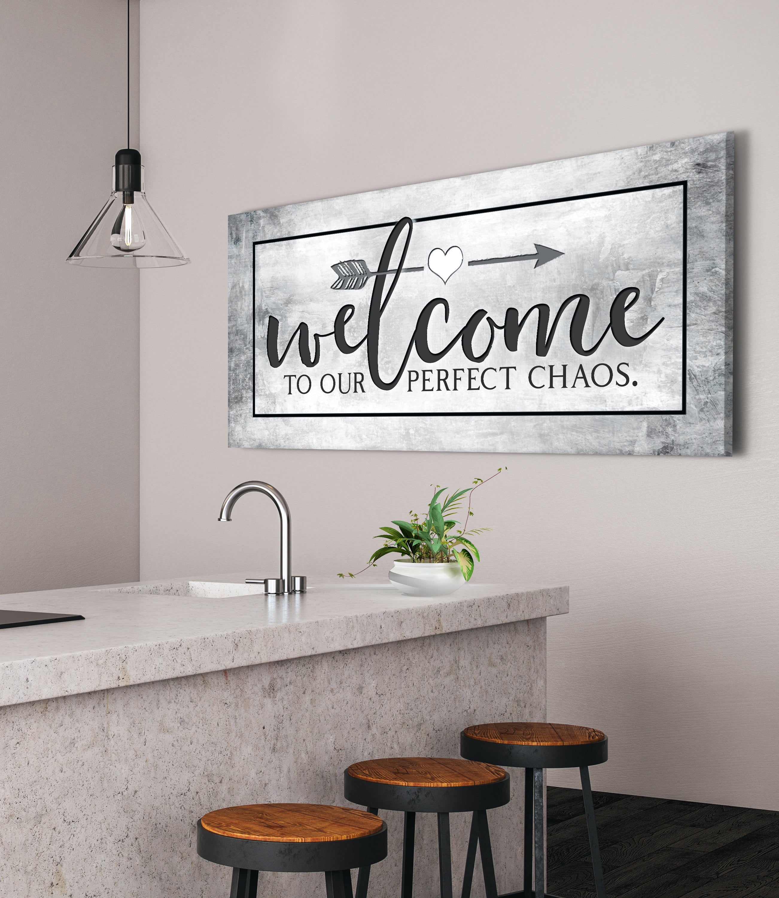Exclusive Offer! Home Wall Art - 'Welcome To Our Perfect Chaos' with Wood Frame, Ready To Hang