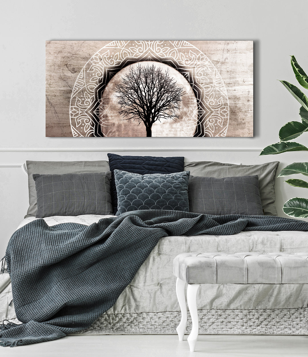 Hot! Boho Mandala Tree Moon Wall Art with Wood Frame, Ready to Hang