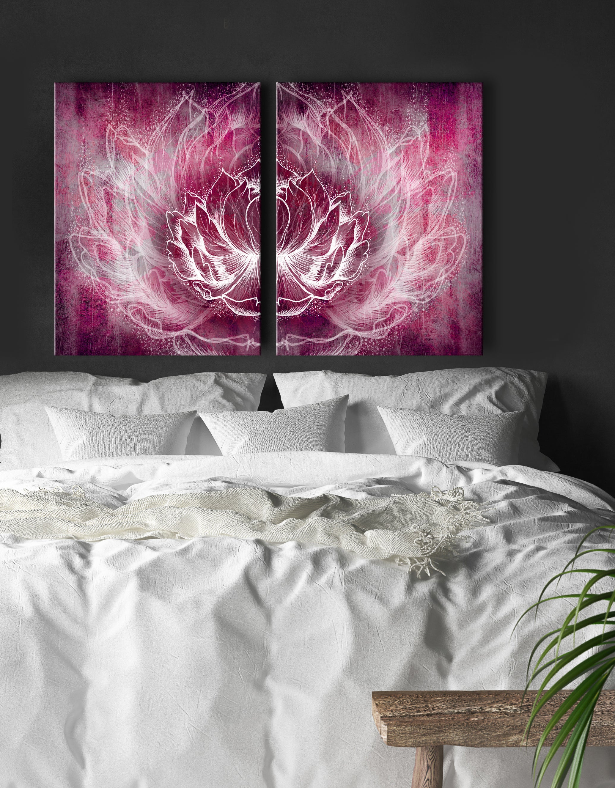 High - Quality Boho Lotus Wall Art Set of 2 with Wood Frames, Ready to Hang