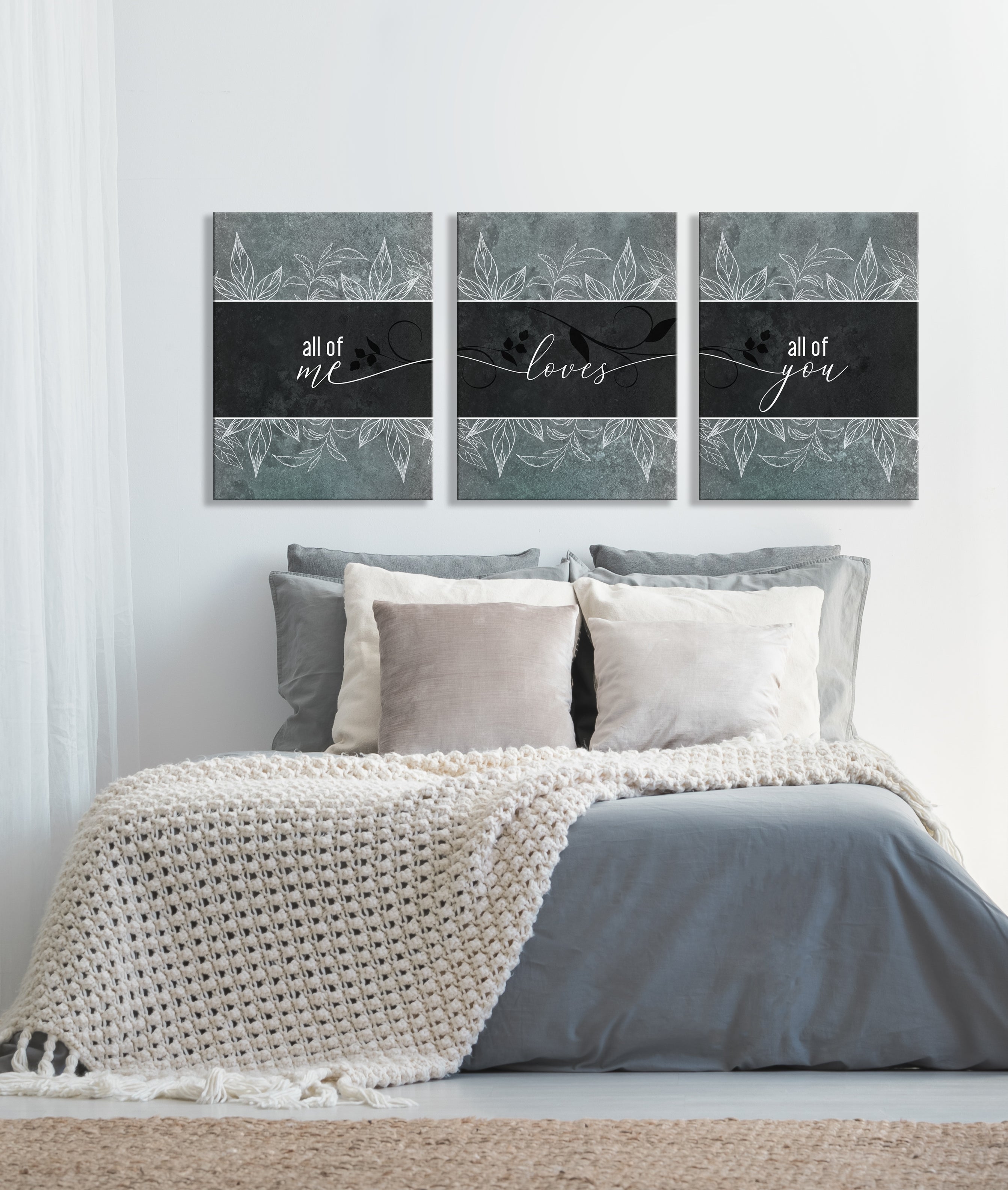 High - Quality Set of 3 Couples Wall Art: 'All of me loves all of you' (Wood Frame, Ready To Hang)
