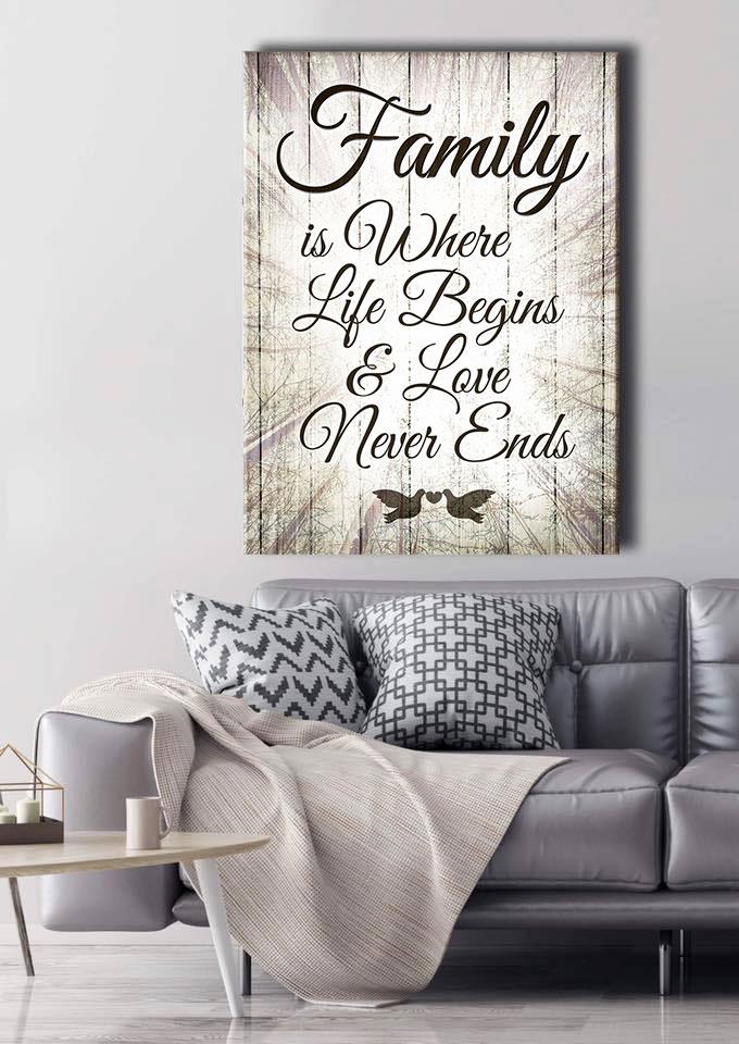 High - Quality Wood - Framed Family Wall Art: Life Begins at Family V10 (Ready to Hang)