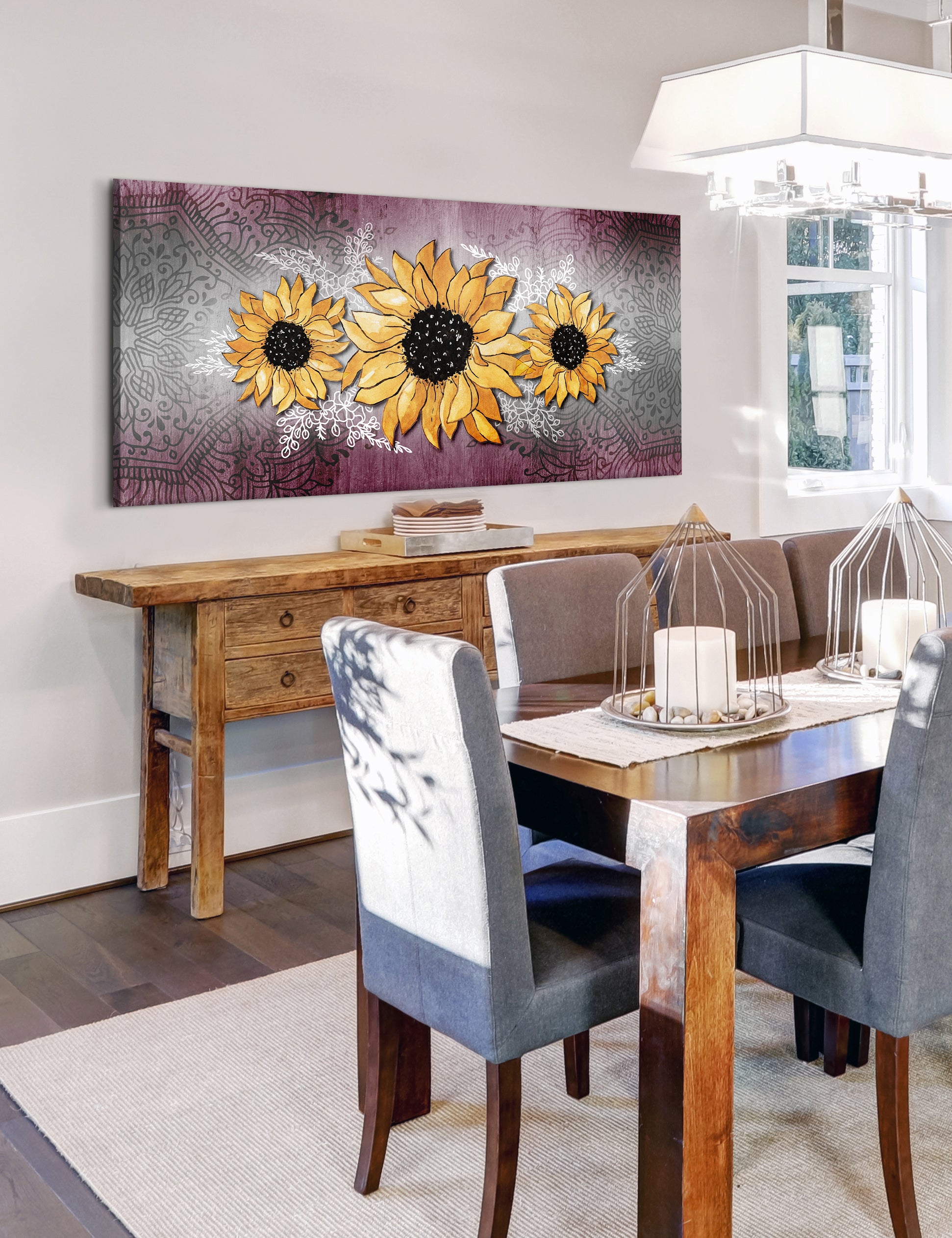 High - quality Boho Sunflower Trio Wall Art with Wood Frame, Ready to Hang