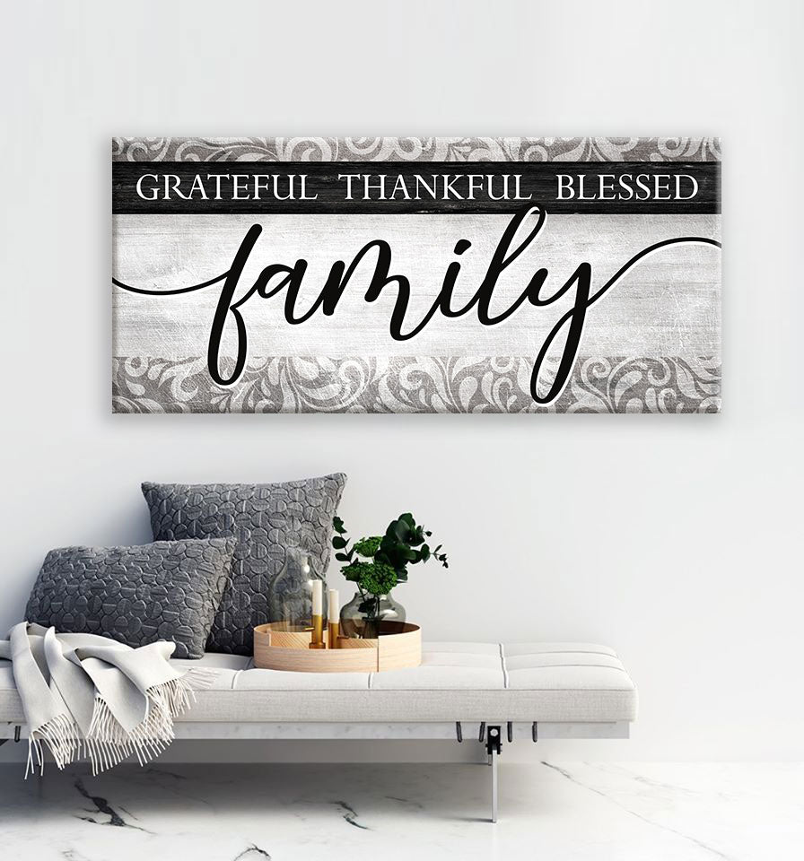 High - Quality Wood - Framed Family Wall Art: Grateful, Thankful, Blessed V5 (Ready To Hang)
