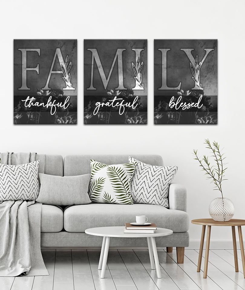 Ready-to-Hang Family Wall Art Set of 3: Thankful, Grateful, Blessed (Wood Frame)