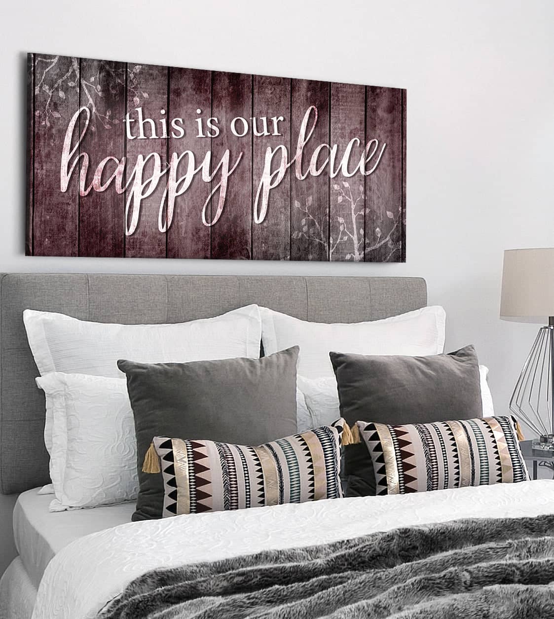 Exclusive Bedroom Wall Art: 'This Is Our Happy Place' V7 with Wood Frame, Ready to Hang - Buy 2 Save 20%
