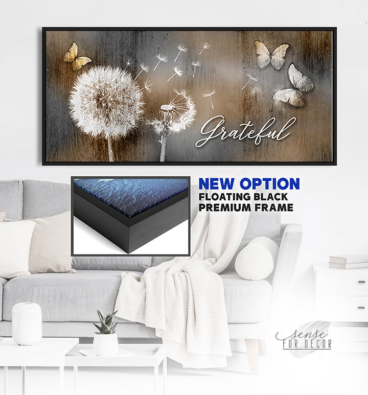 High - quality Wood - framed Christian Wall Art: Grateful Dandelions and Butterflies (Ready to Hang)