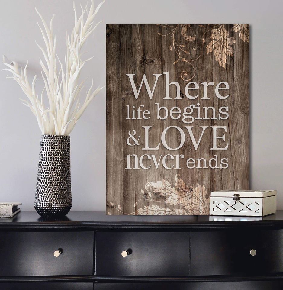 Hot! Home Wall Art - 'Where Life Begins, Love Never Ends' V2 with Wood Frame, Ready to Hang