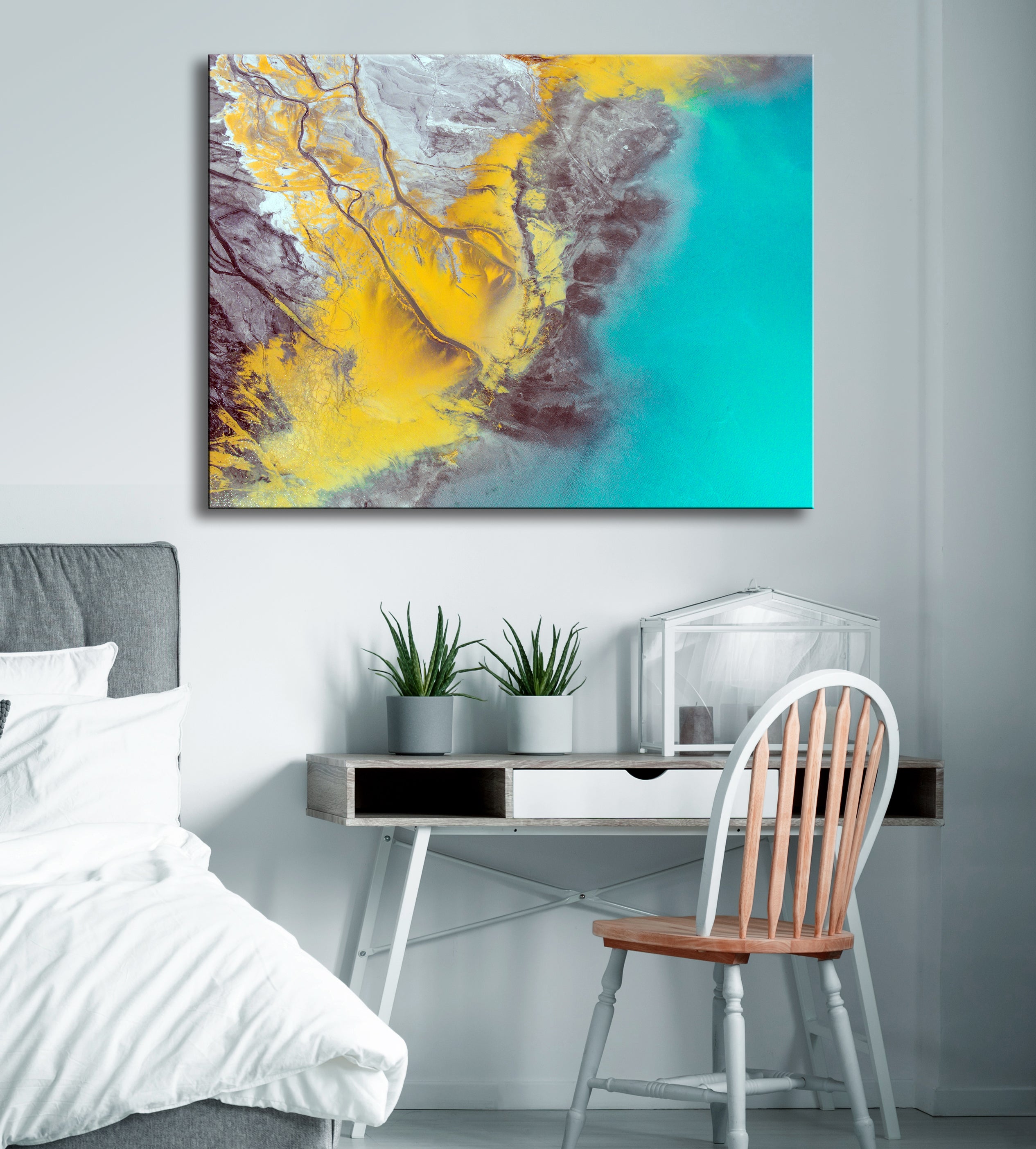 Exclusive Grey, Mustard Yellow & Teal Paint Splash Wall Art with Wood Frame - Ready to Hang!