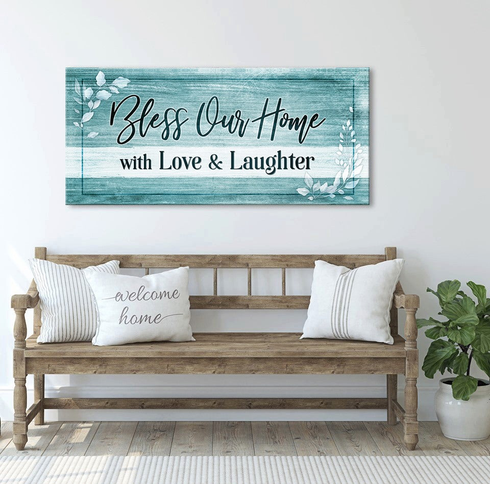 Exclusive Christian Wall Art - Bless Our Home Love Laughter V5 with Wood Frame, Ready to Hang, Buy 2 Save 20%