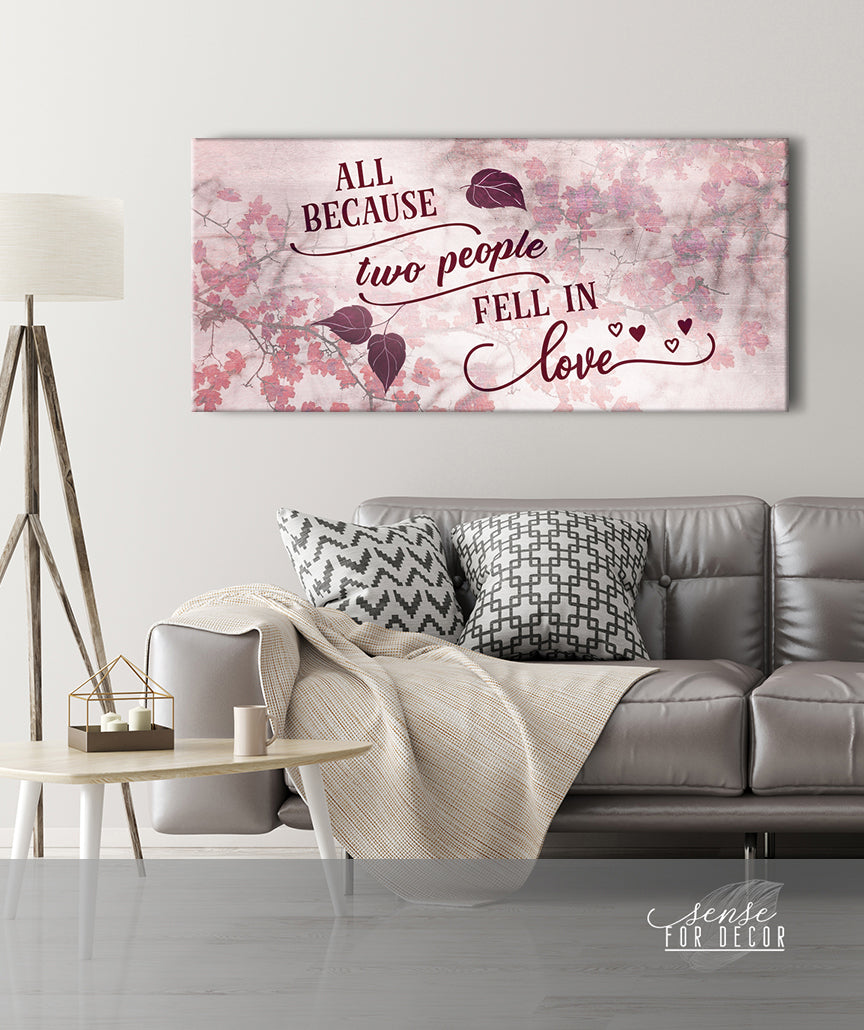 Hot Deal! Couples Wall Art - 'All Because Two People Fell in Love' V4 with Wood Frame, Ready to Hang