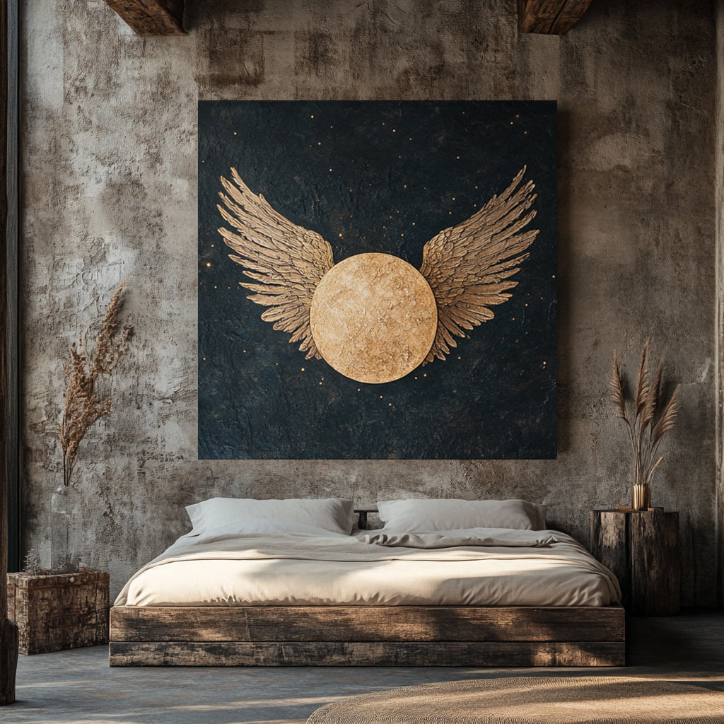Golden Angel Wings and Moon Canvas Art - Wings of Heavenly Radiance