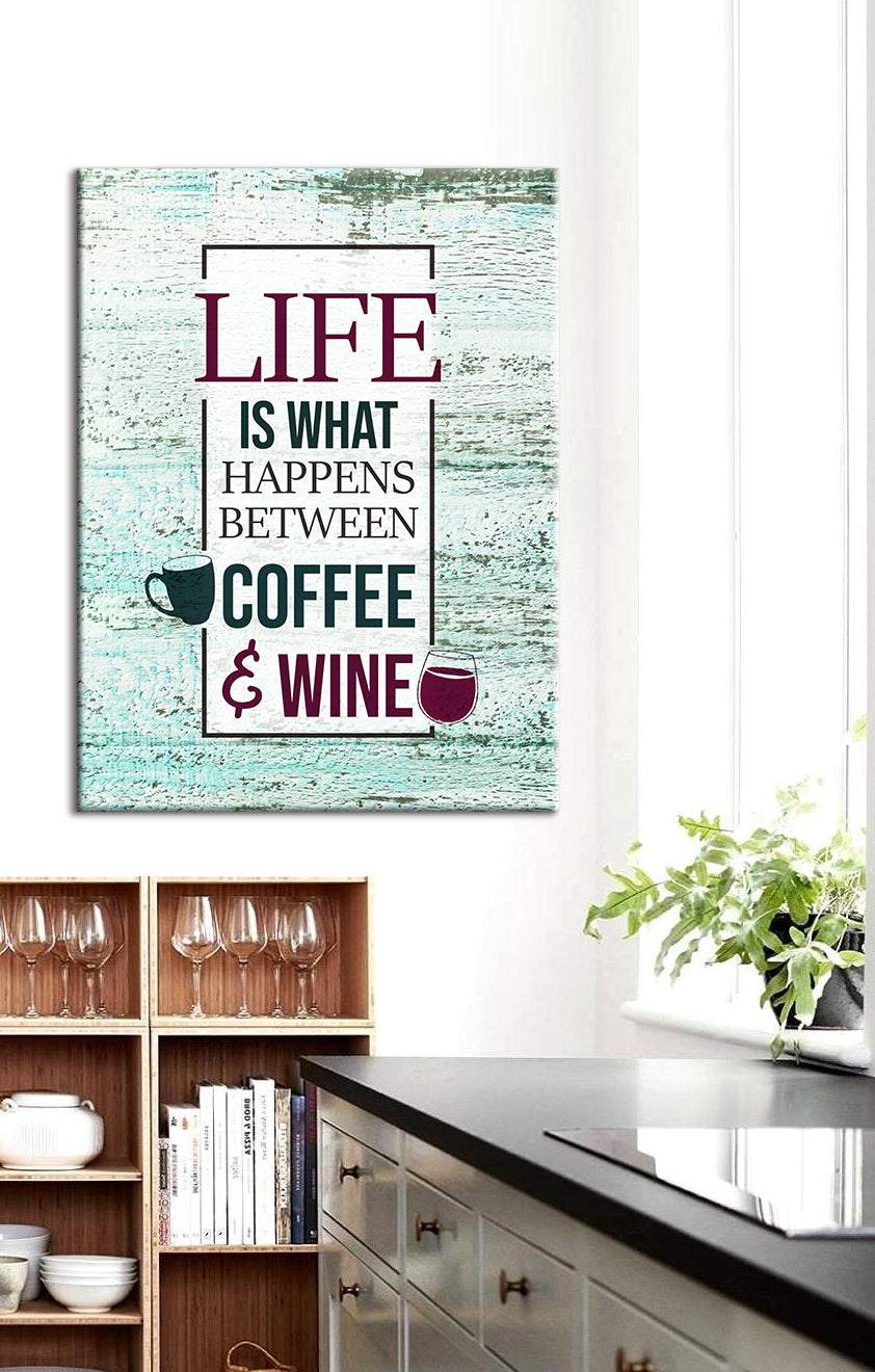 Hot! Kitchen Wall Art: Life Between Coffee & Wine V2 (Wood Frame, Ready To Hang)