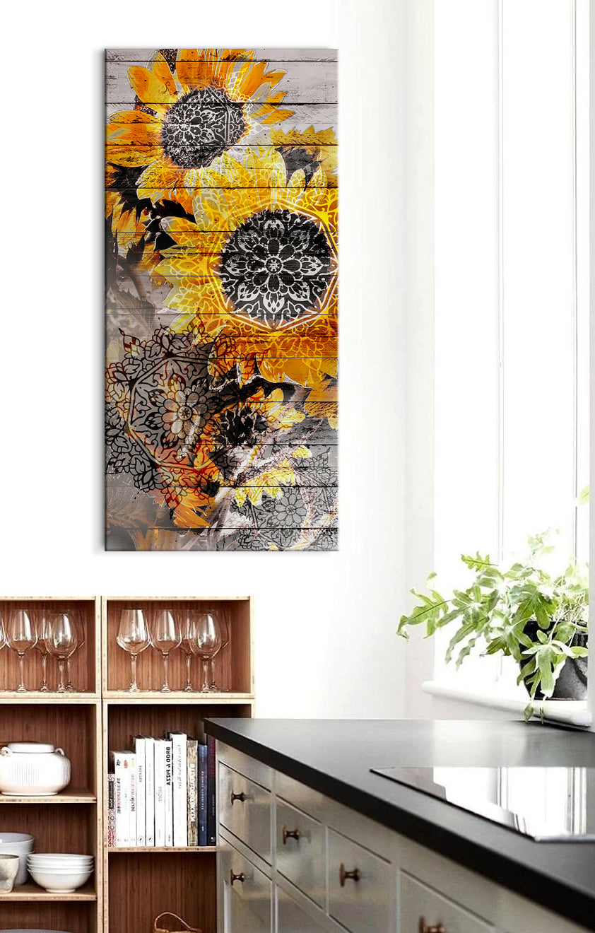 Boho Mandala Sunflowers Wall Art V2: High - Quality Wood - Framed, Ready to Hang
