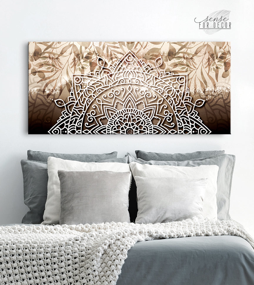 Ready-to-Hang Boho Mandala Wall Art with Leaves in Wood Frame