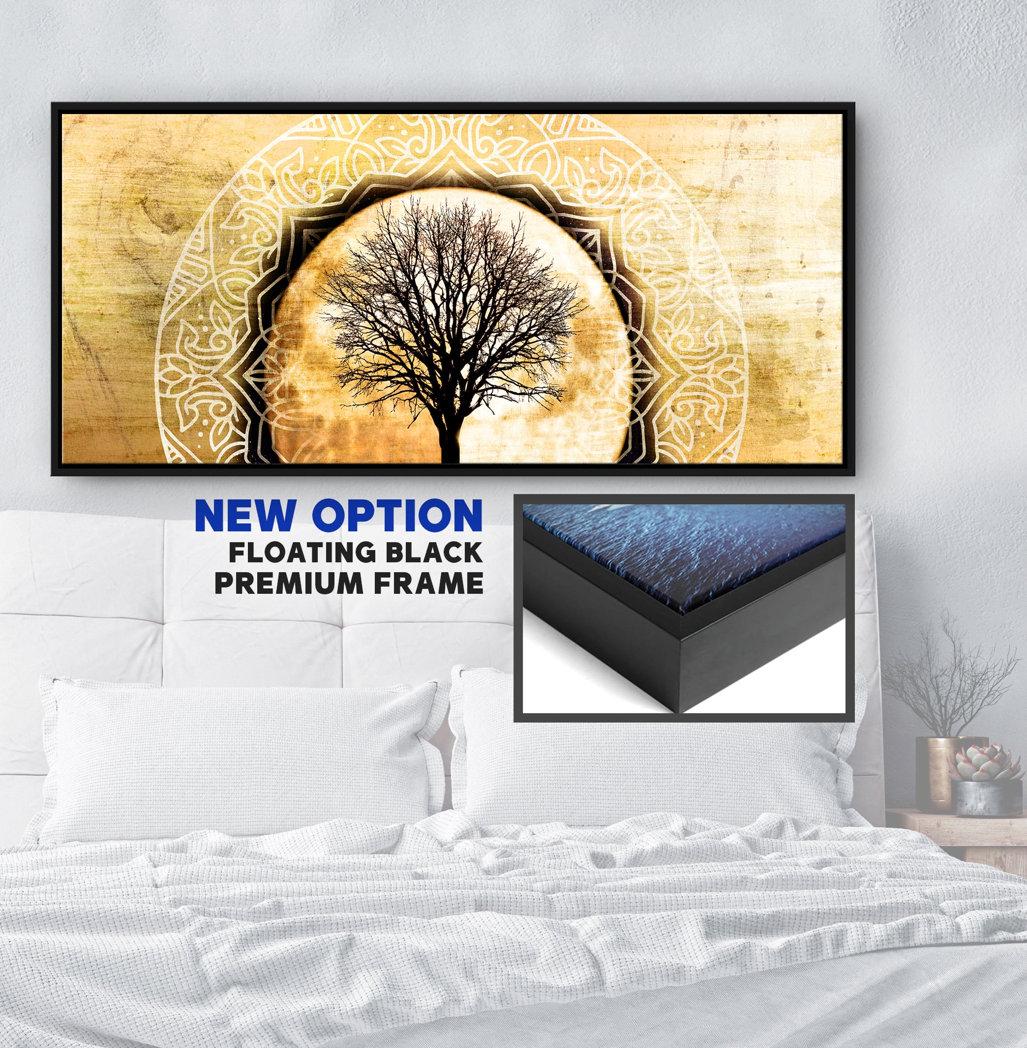 Hot! Boho Mandala Tree Moon Wall Art with Wood Frame, Ready to Hang