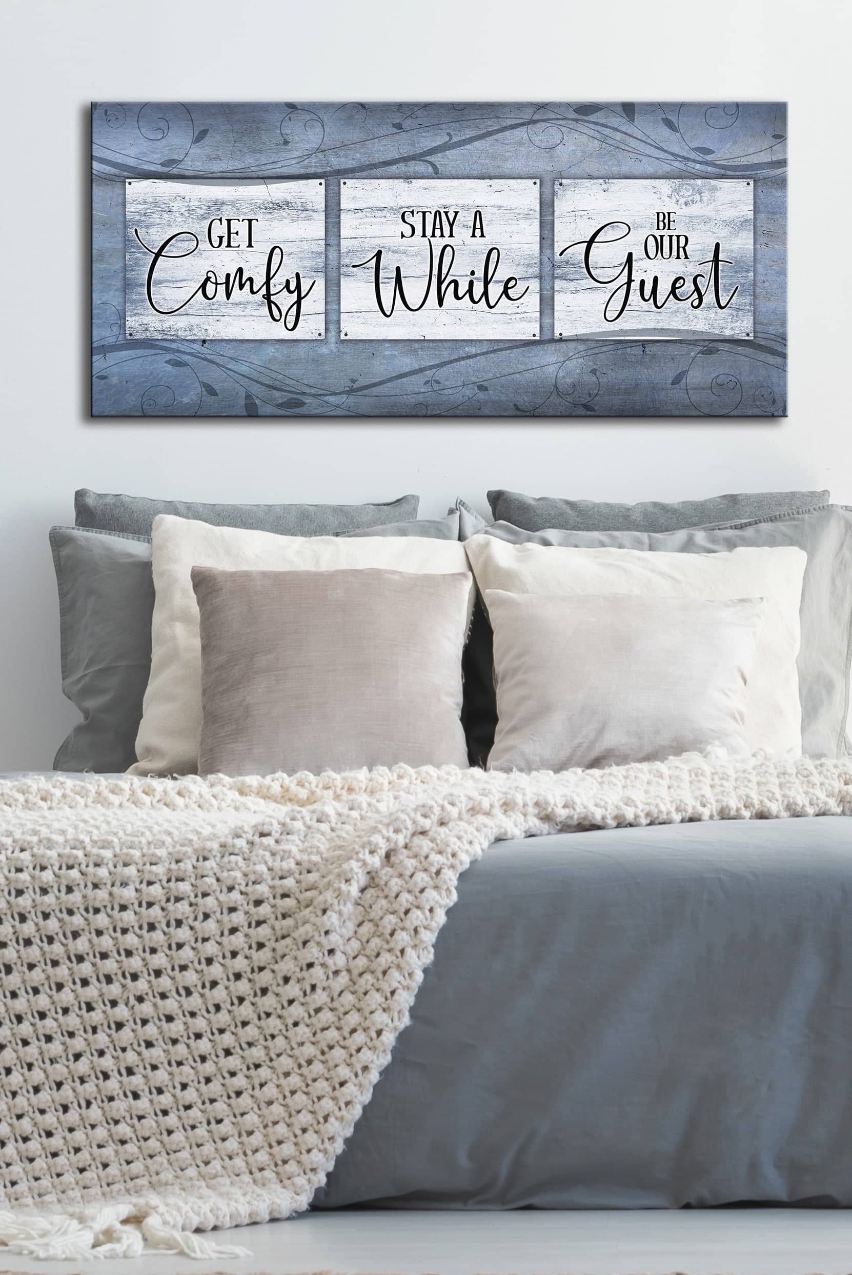 Cozy Bedroom Wall Art: 'Get Comfy Stay A While' with Wood Frame, Ready to Hang