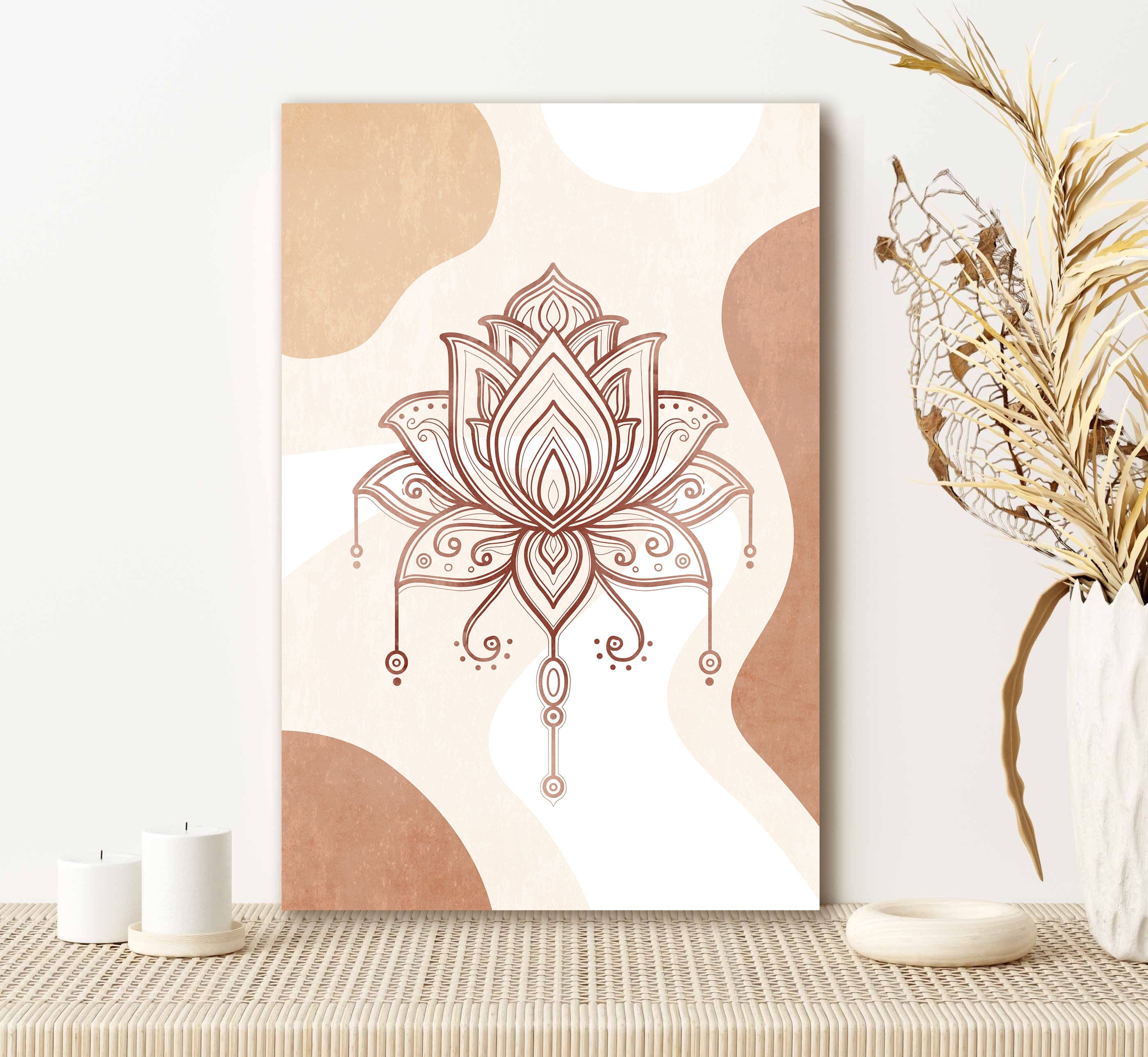 Ready-to-Hang Boho Lotus Wall Art with Wood Frame