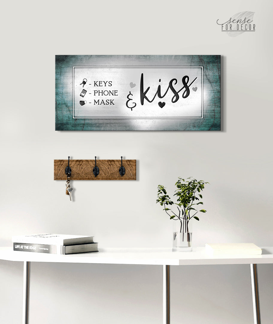 Vibrant Couples Wall Art: Keys Phone Mask Kiss V2 with Wood Frame, Ready to Hang