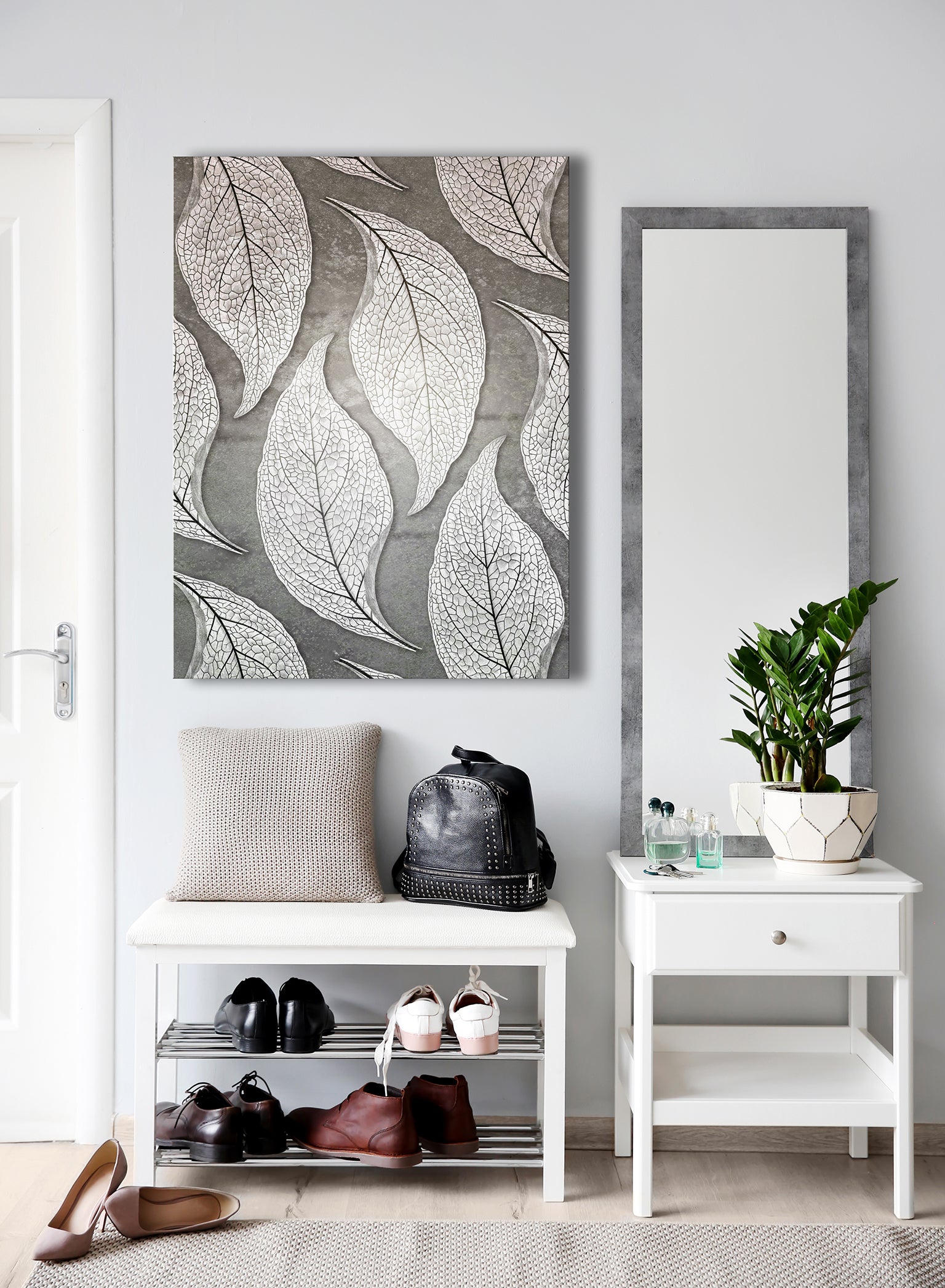 Exclusive Offer! White Leaves Wall Art with Wood Frame, Ready to Hang for Your Home