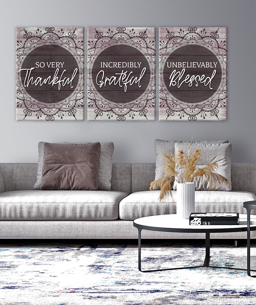Christian Wall Art Set of 3 with Wood Frames (Ready To Hang) - So Thankful V25