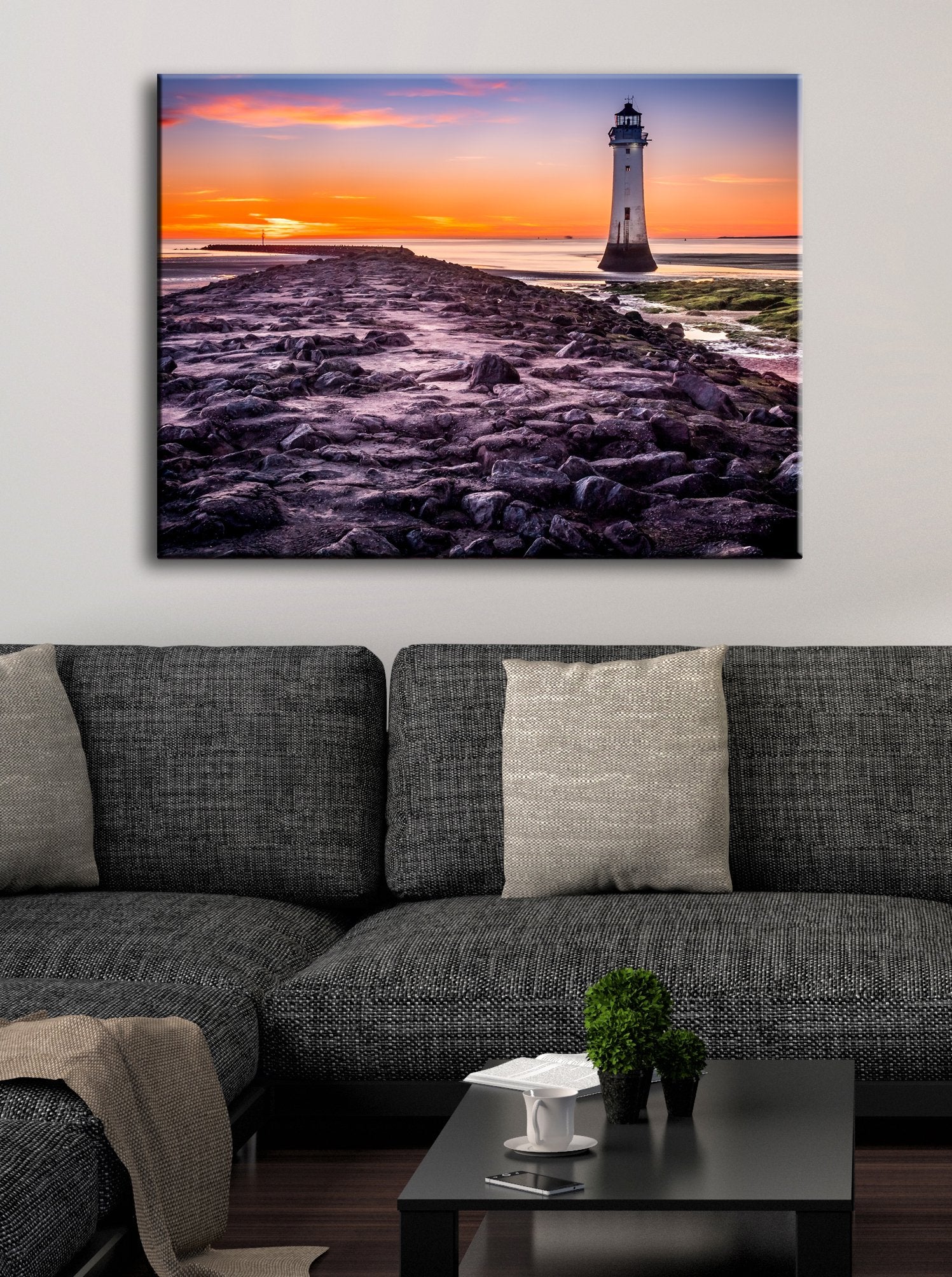 Hot Deal! Nautical Sunset Lighthouse Wall Art with Wood Frame (Ready to Hang)