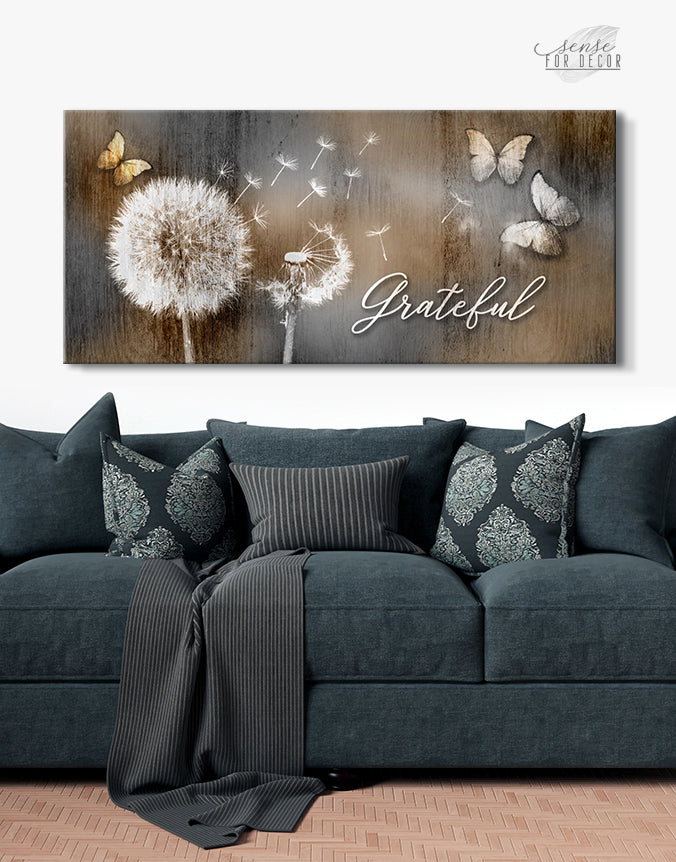 High - quality Wood - framed Christian Wall Art: Grateful Dandelions and Butterflies (Ready to Hang)