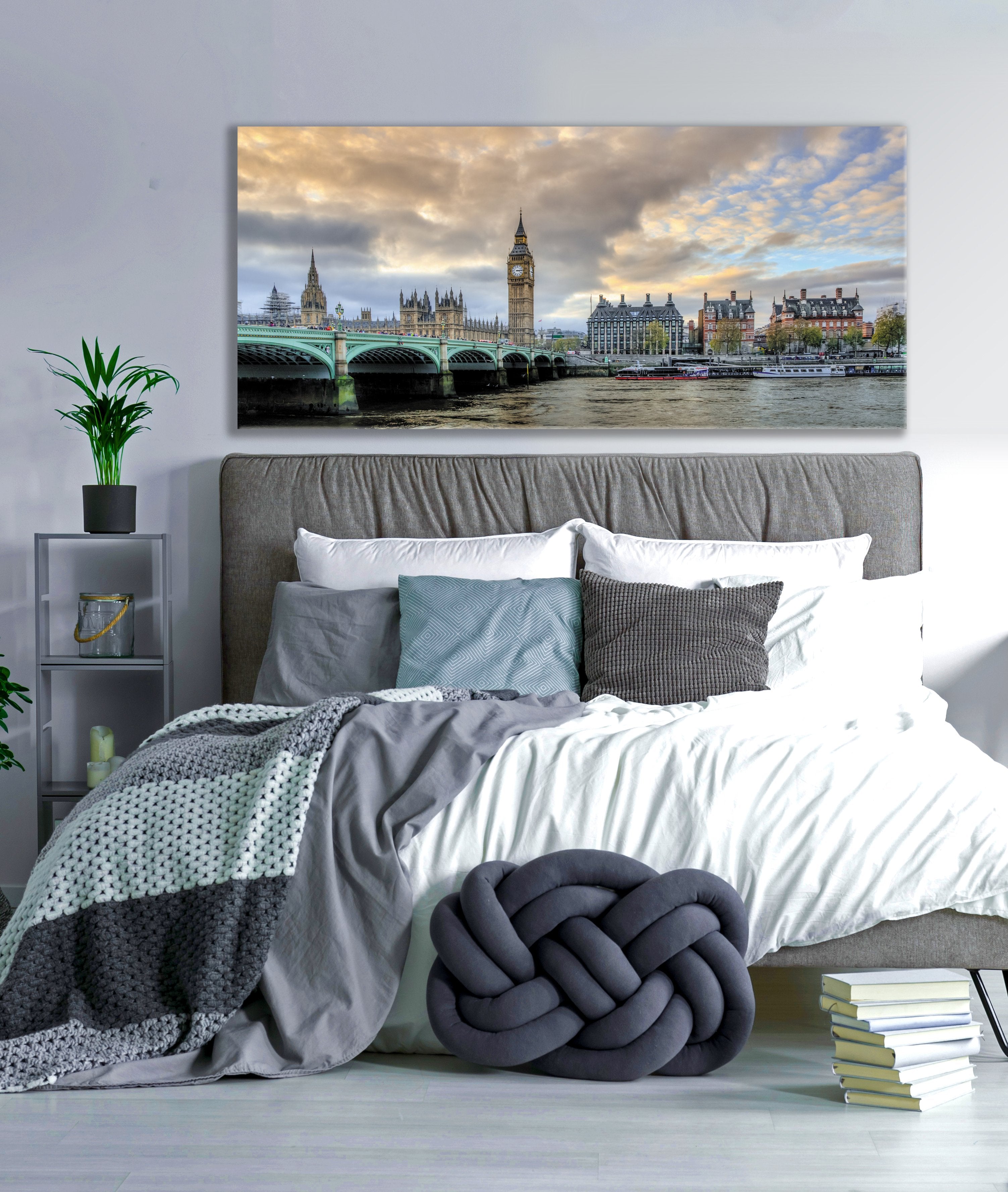 High - Quality Wood - Framed City Wall Art: Bridge Skyline in the Morning, Ready to Hang