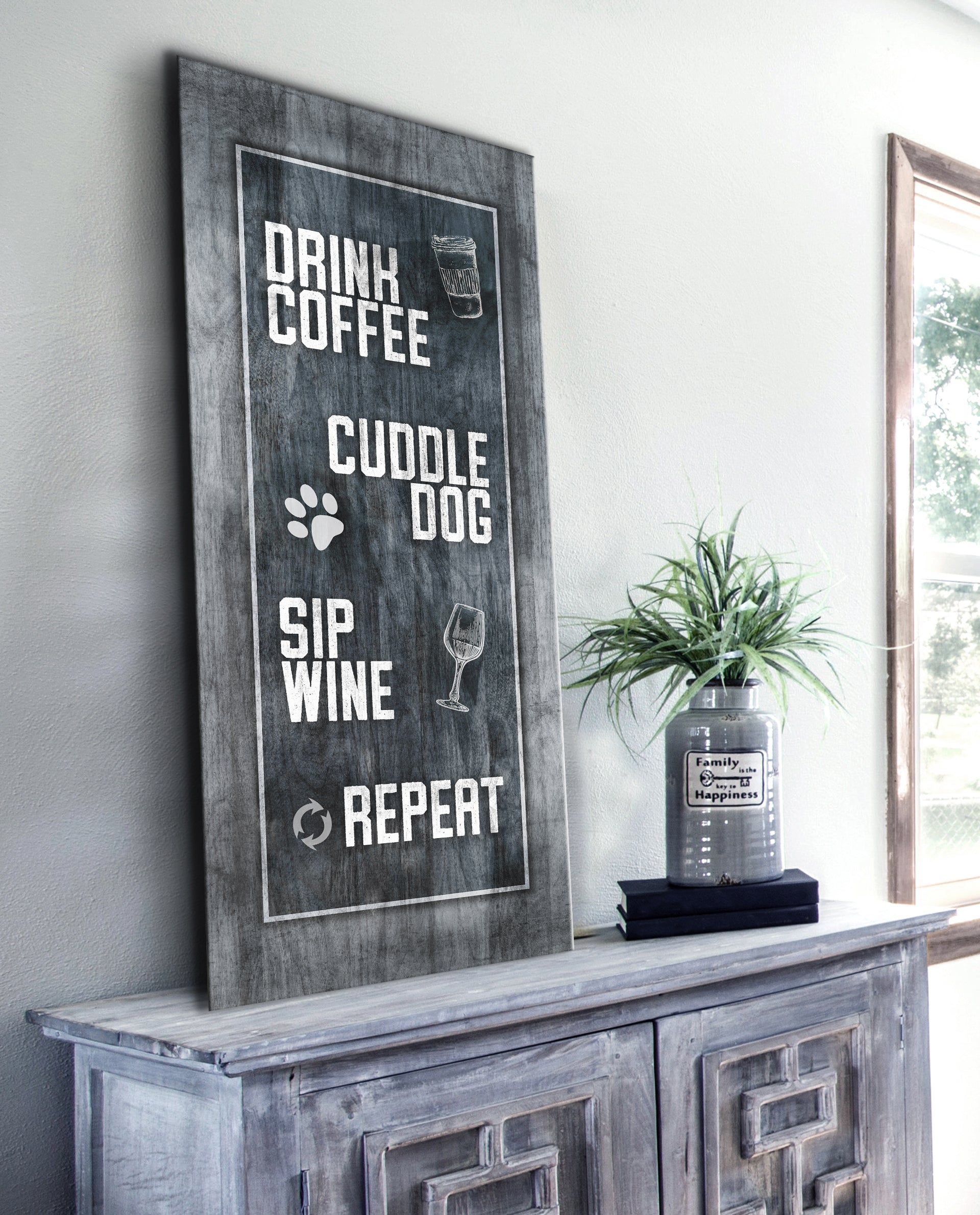 Exclusive Kitchen Wall Art: Drink Coffee, Cuddle Dog, Sip Wine, Repeat - Wood Frame, Ready To Hang!