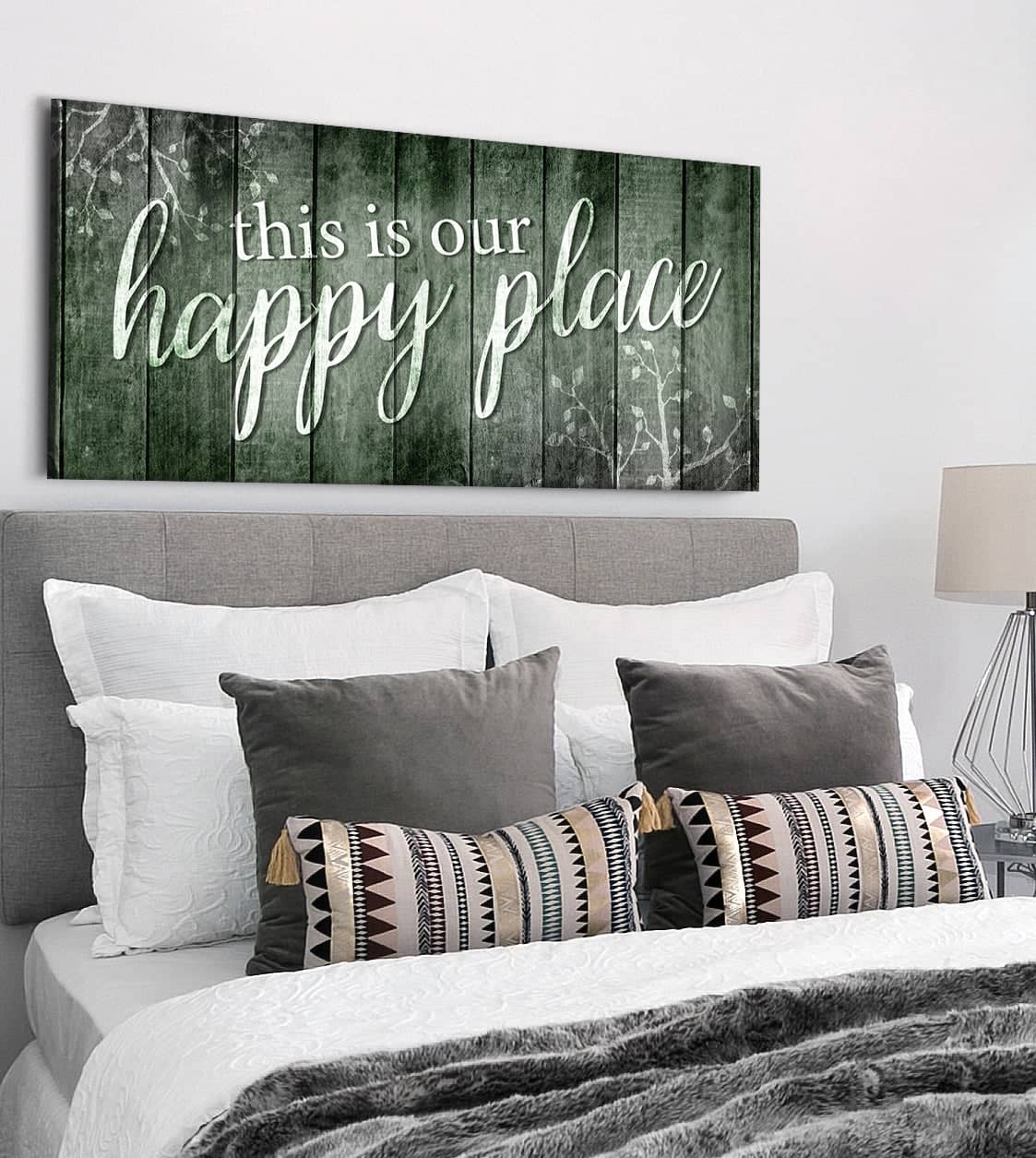 Exclusive Bedroom Wall Art: 'This Is Our Happy Place' V7 with Wood Frame, Ready to Hang - Buy 2 Save 20%