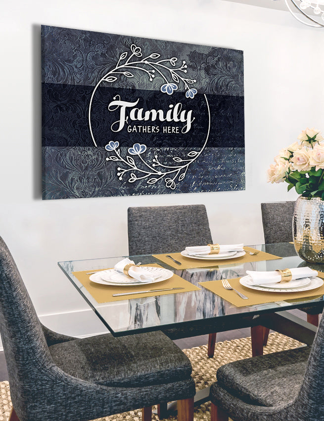 Exclusive Family Wall Art - 'Family Gathers Here' with Wood Frame, Ready to Hang, Buy 2 Save 20%