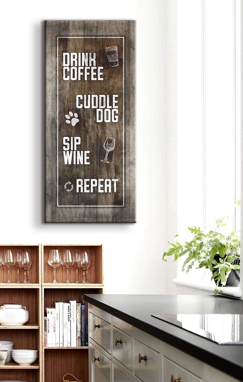 Exclusive Kitchen Wall Art: Drink Coffee, Cuddle Dog, Sip Wine, Repeat - Wood Frame, Ready To Hang!