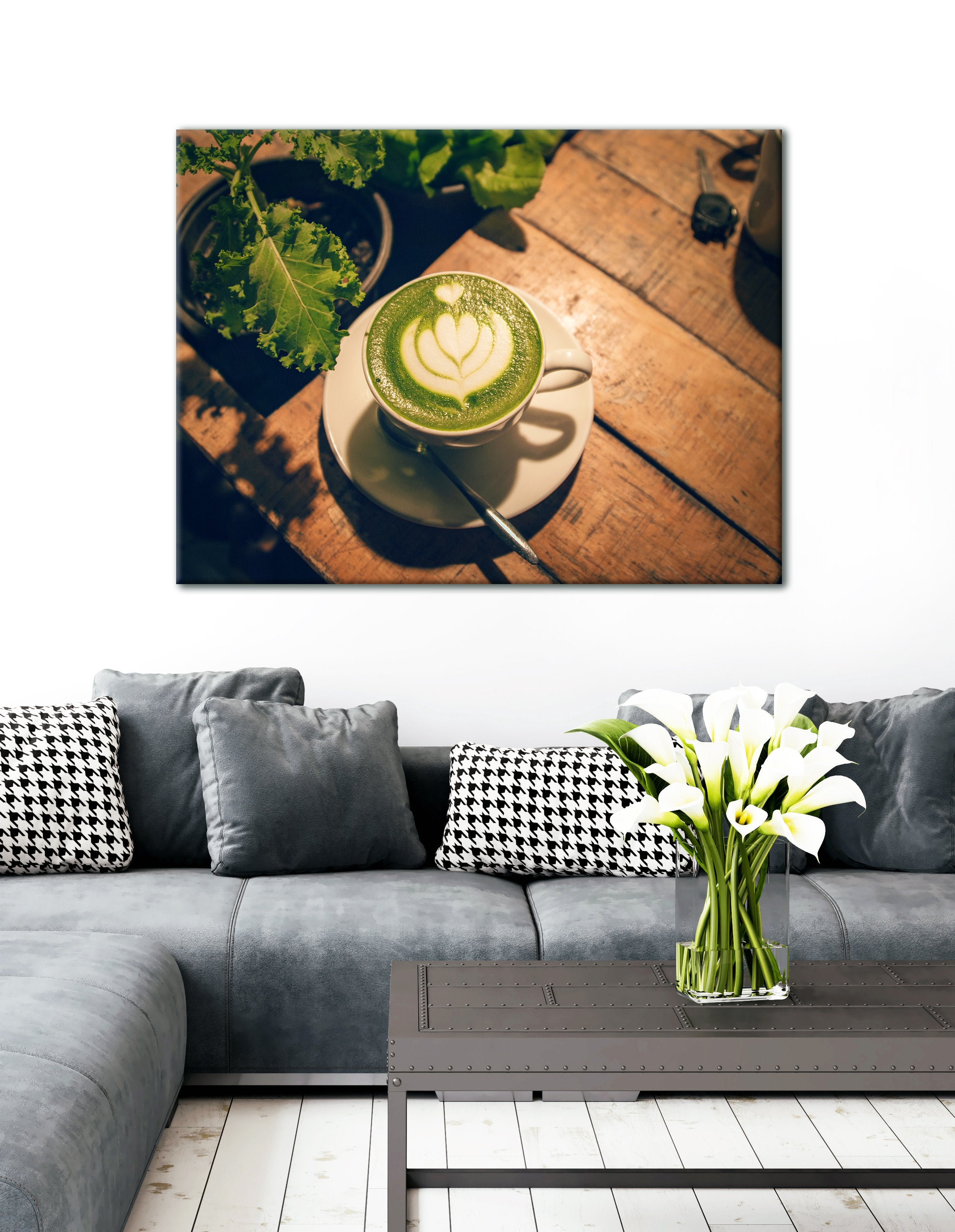 Exclusive! White Ceramic Coffee Cup Near Plant Wall Art with Wood Frame (Ready to Hang)