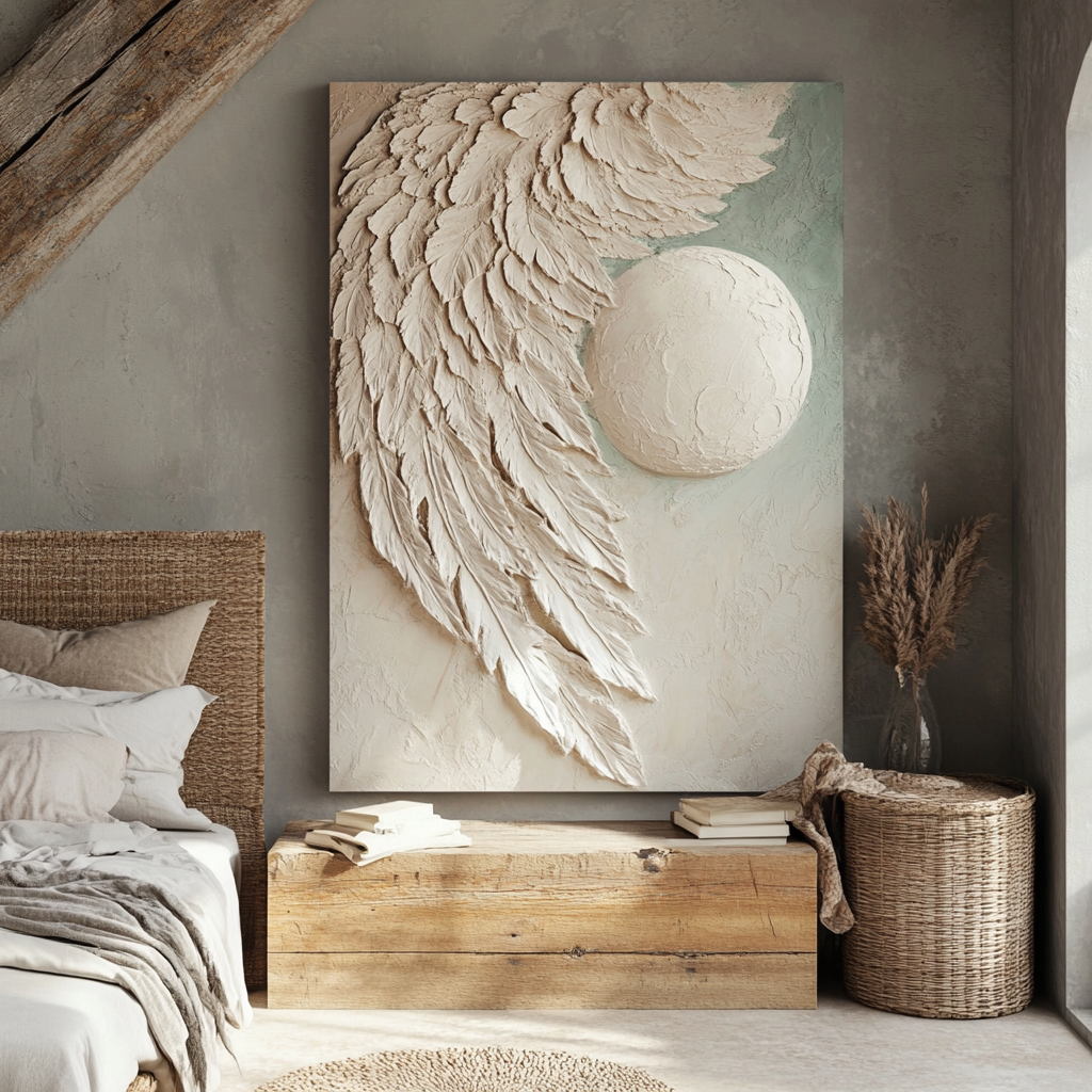 Enchanting Celestial Wall Art: Angel Wing and Moon with Textured Sophistication