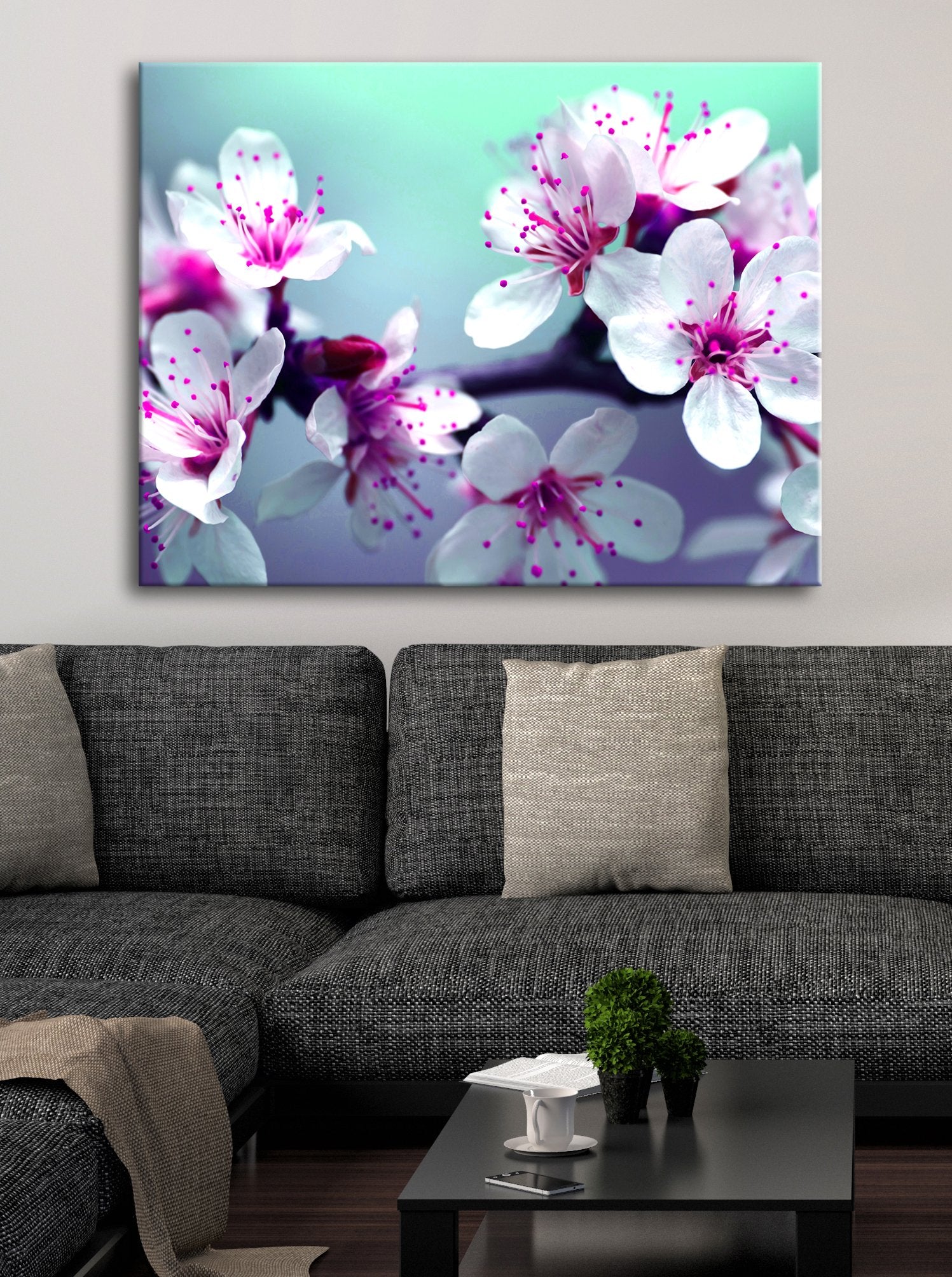 Hot! Cherry Blossoms Teal Fushia Flower Wall Art (Wood Frame, Ready To Hang)