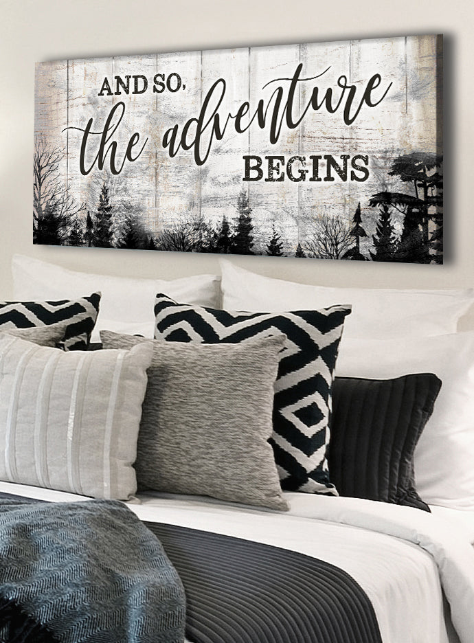 Exclusive Offer! Home Wall Art - 'And So The Adventures Begin V3' with Wood Frame, Ready To Hang